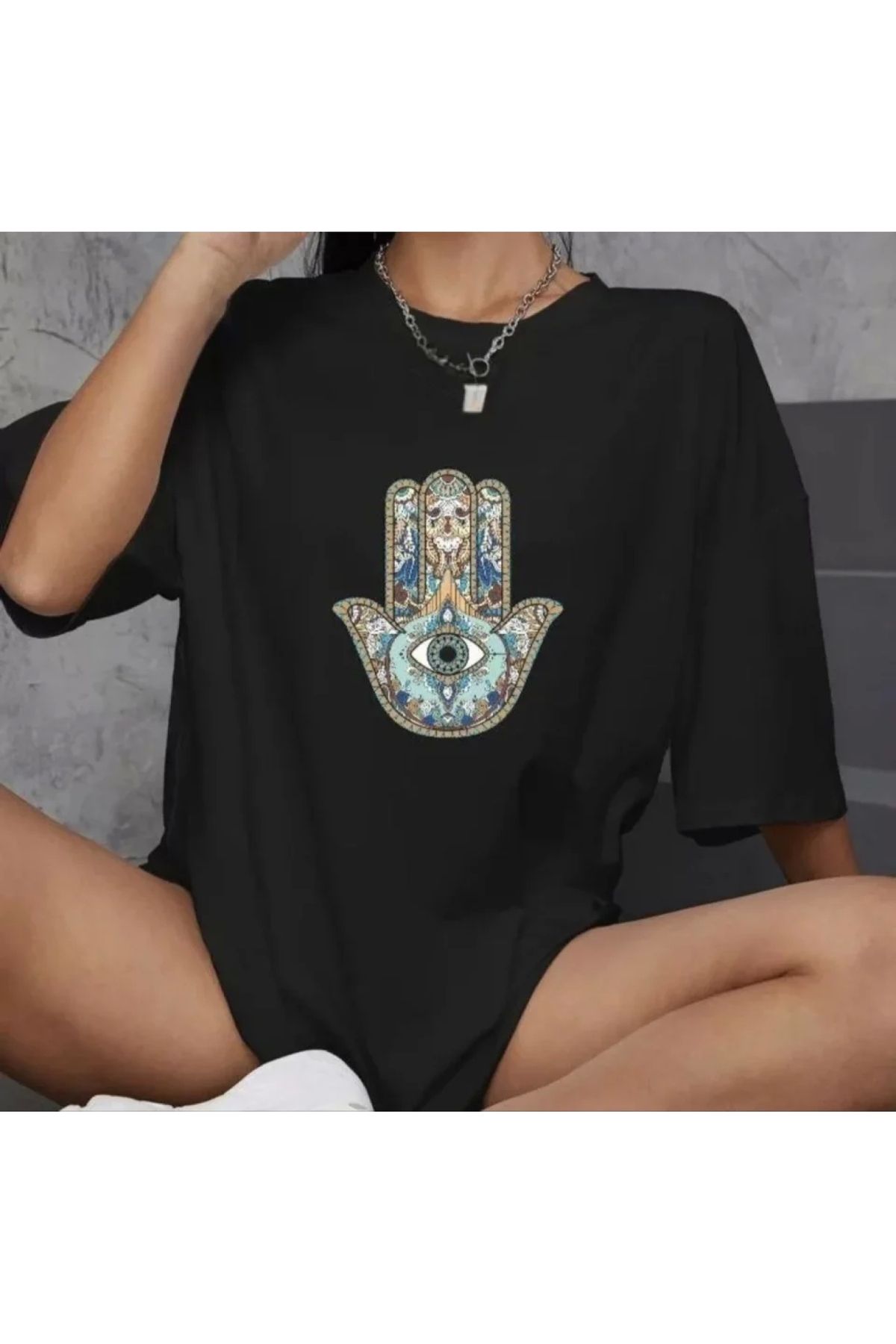 Narnuga Unisex Bisiklet Yaka Baskılı Oversize TShirt