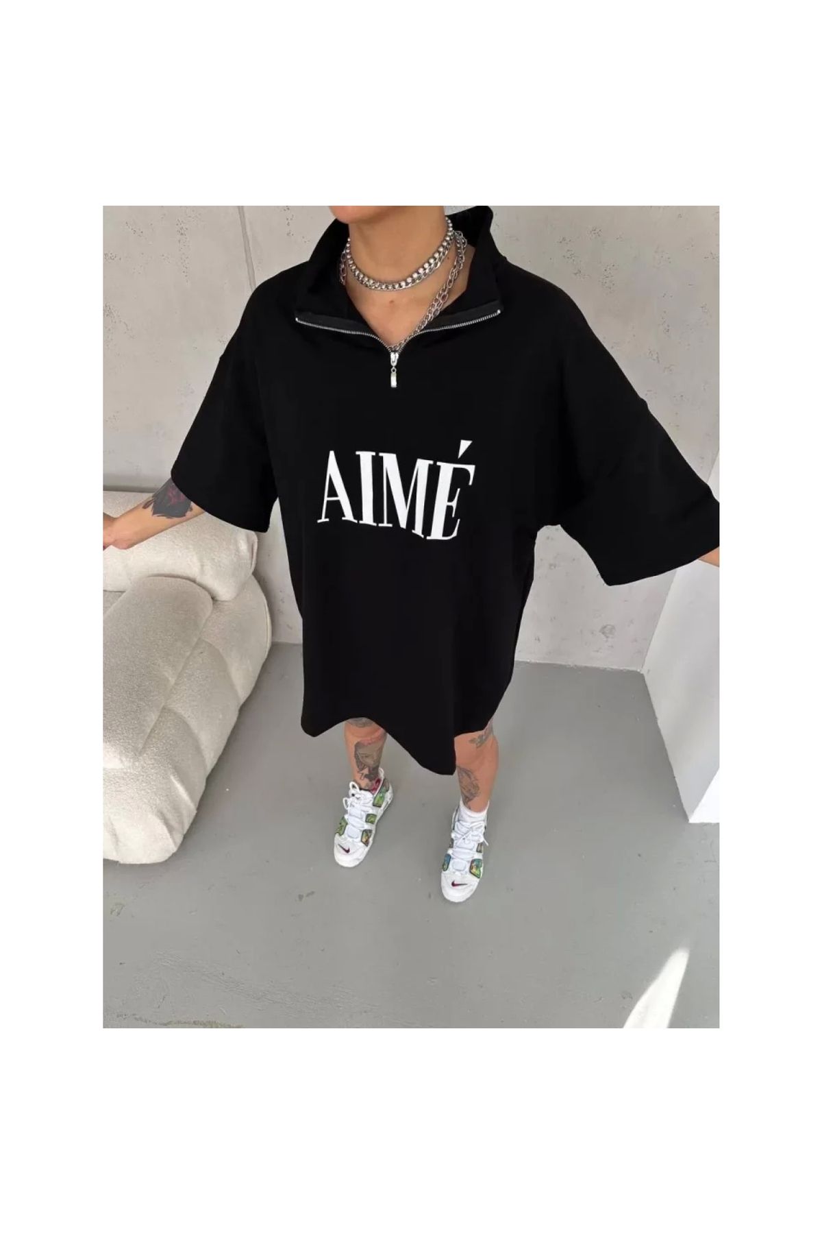 Narnuga Unisex Yarım Fermuarlı Baskılı TShirt