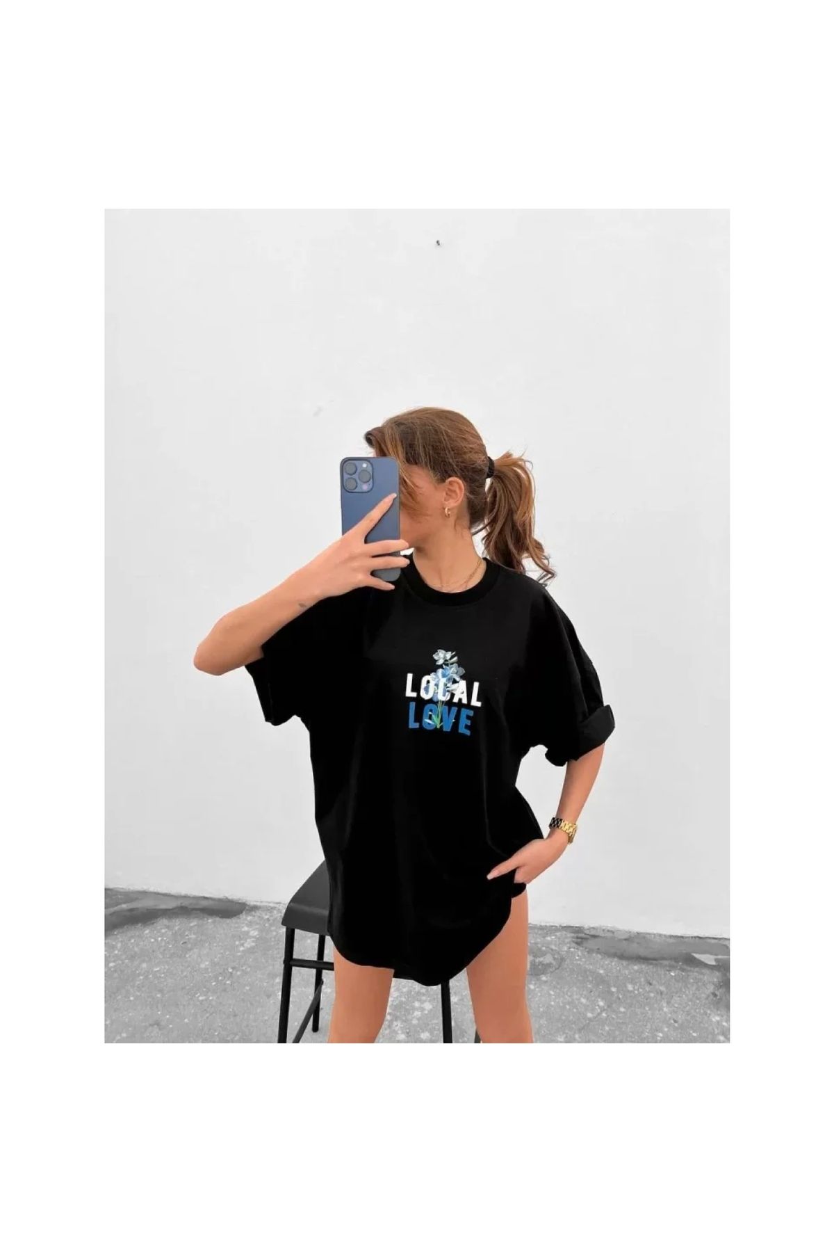 Narnuga Unisex Bisiklet Yaka Baskılı Oversize TShirt