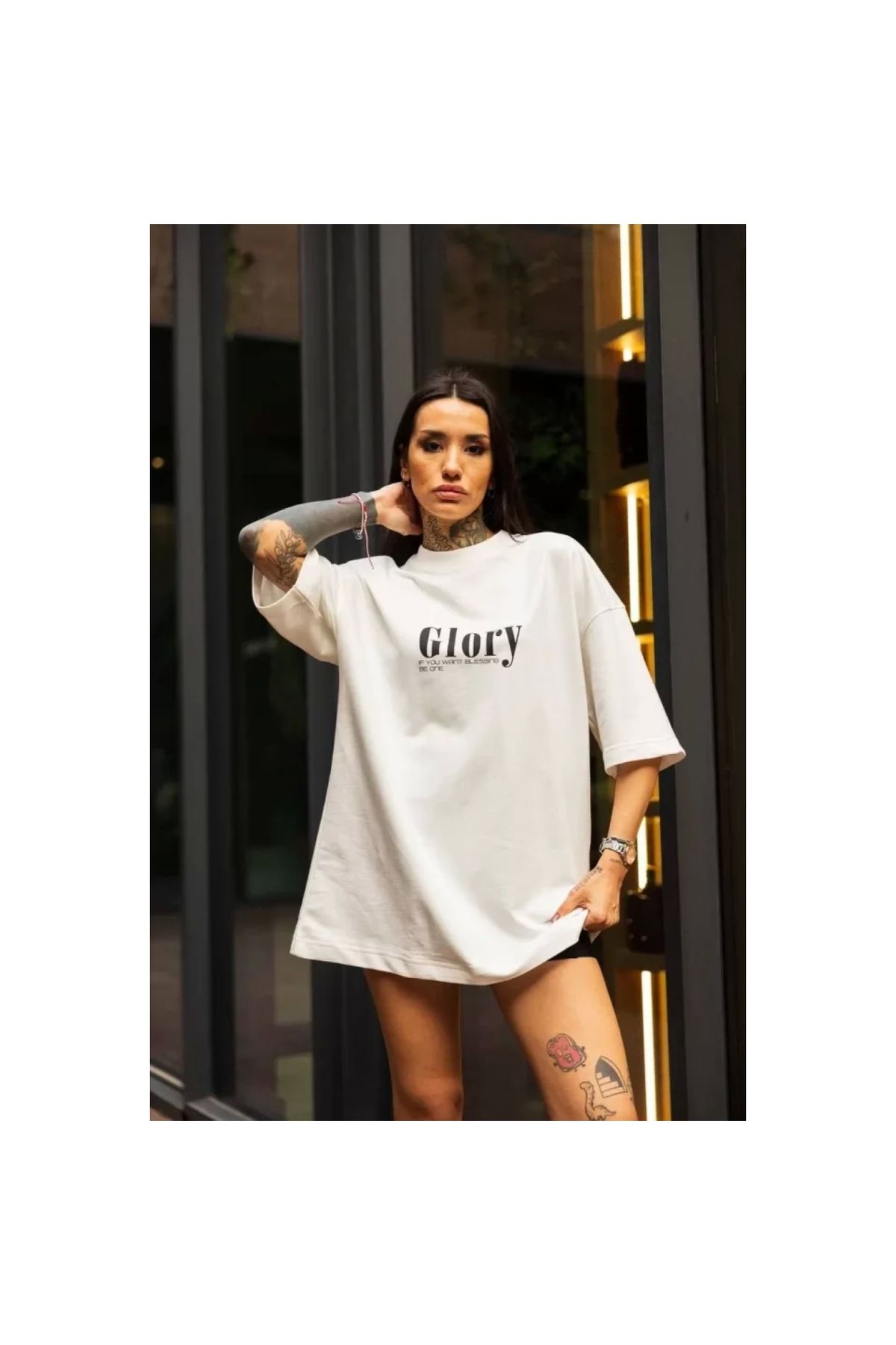 Narnuga Unisex Bisiklet Yaka Baskılı Oversize TShirt