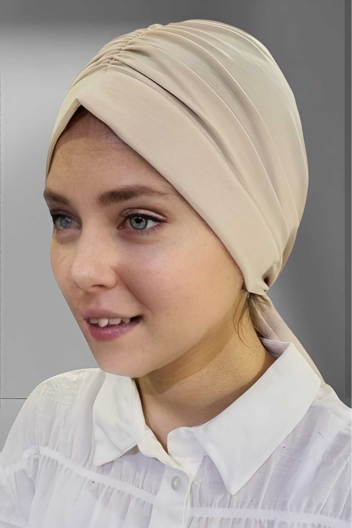 Trenderrs-Women's Luxury Sandy Fabric Tied Pleated Hijab Bonnet Shawl 8