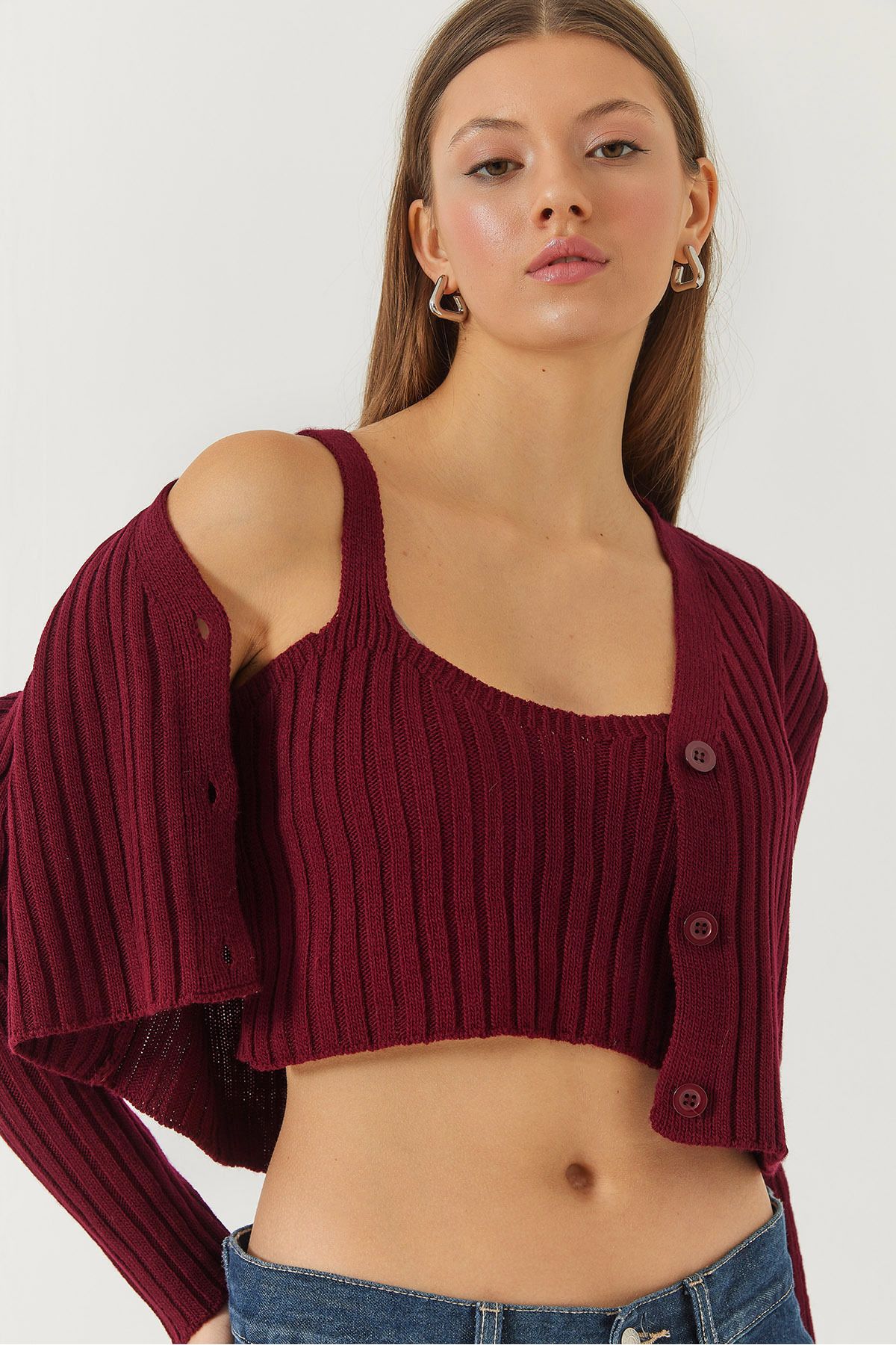 Bianco Lucci Damski Kardigan Crop Tank Top Dwuczęściowy Komplet Dzianinowy Kobieta - Standard