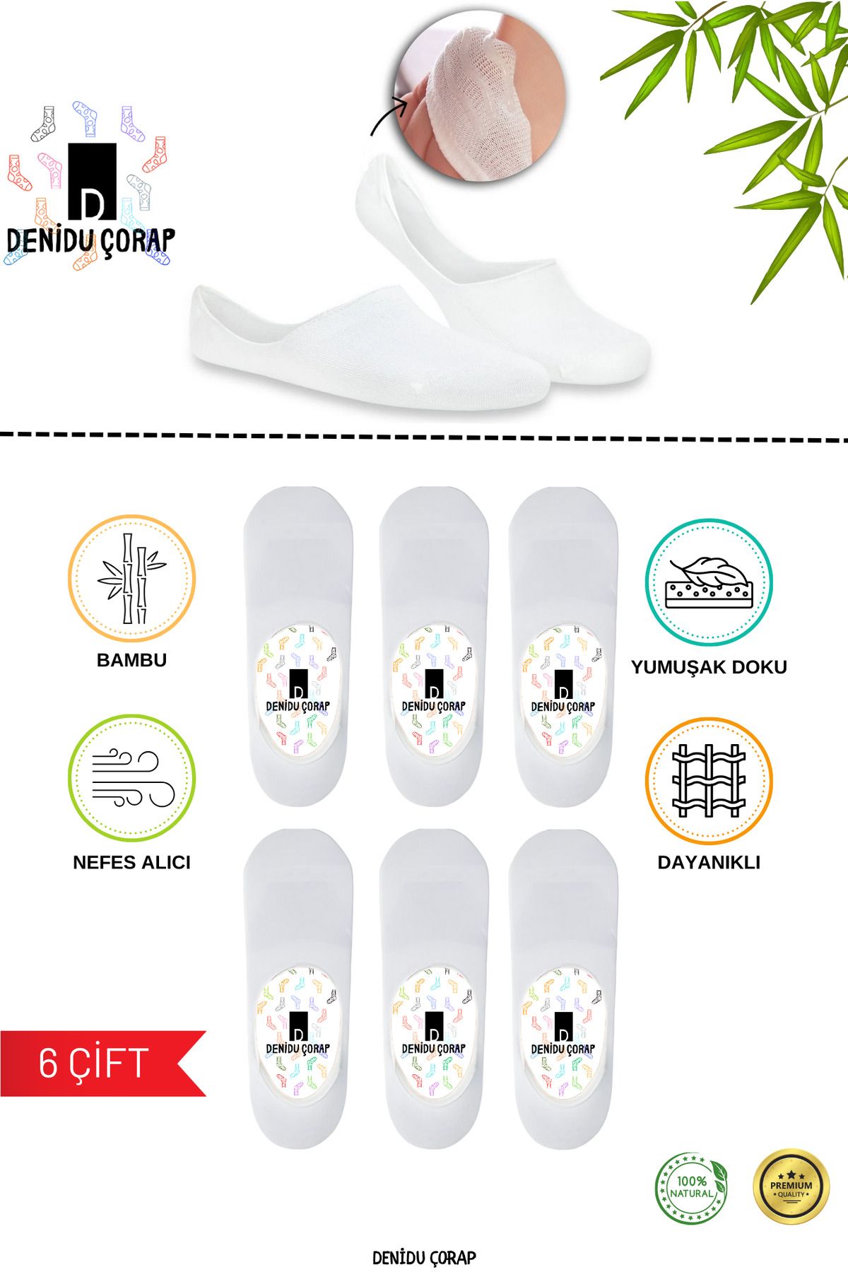 Denidu Çorap Bambu Babet Çorap Silikonlu 6 Çift (YIKAMALI,BURUNDİKİŞSİZ,FARFÜMLÜ,PREMİUM) Erkek,bayan