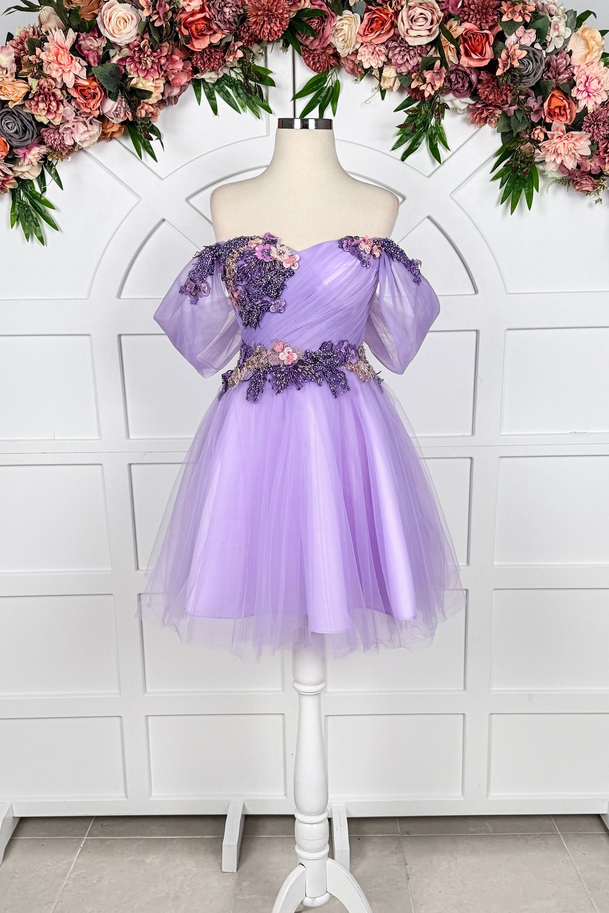 Lenta Moda-Lilac Colored Three-Dimensional Lace Detailed Mini Tulle Evening Dress and Evening Dress 1