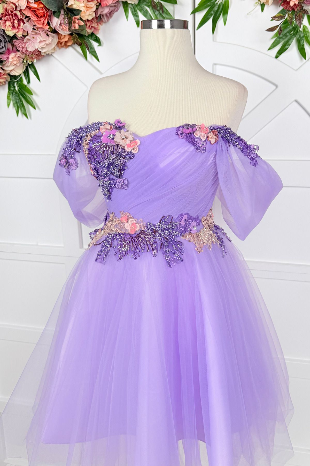 Lenta Moda-Lilac Colored Three-Dimensional Lace Detailed Mini Tulle Evening Dress and Evening Dress 3