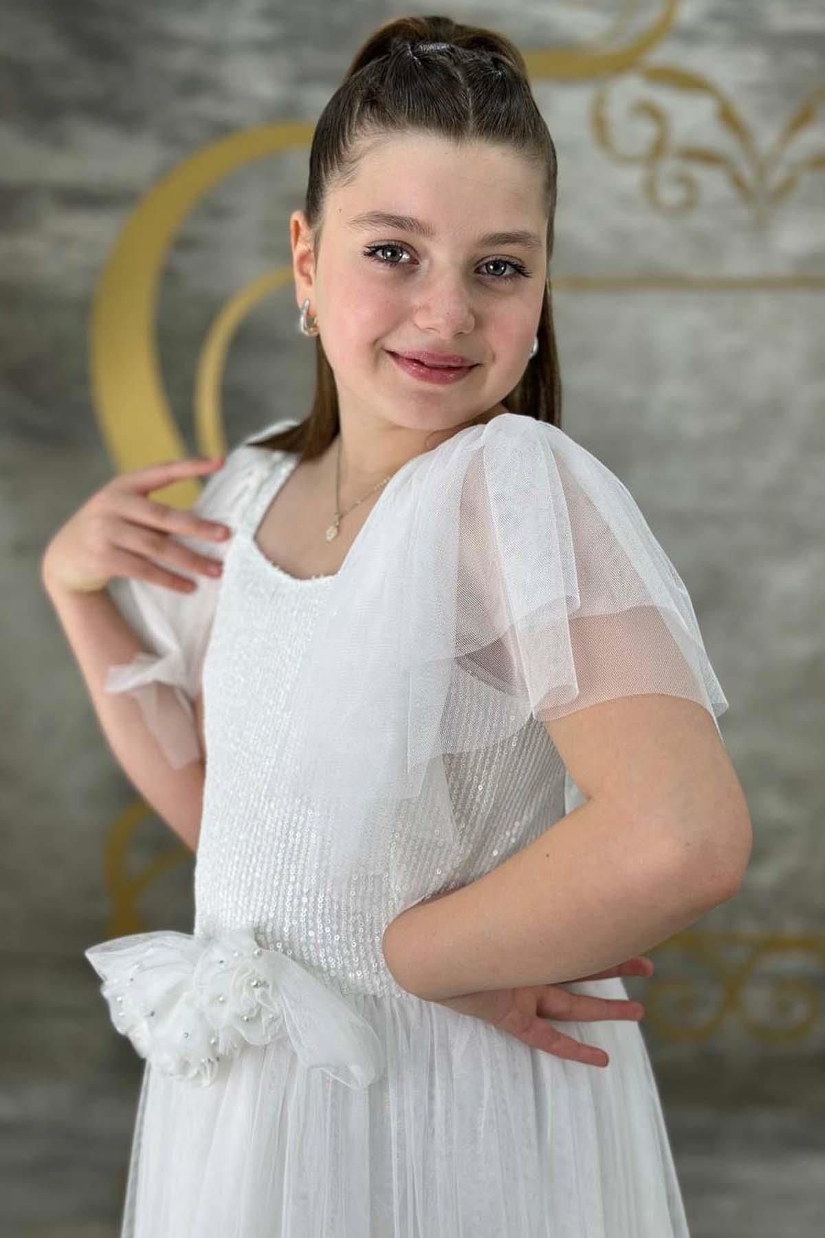 Riccotarz-Rochie de seară albă din tul brodat cu paiete pentru fete 4