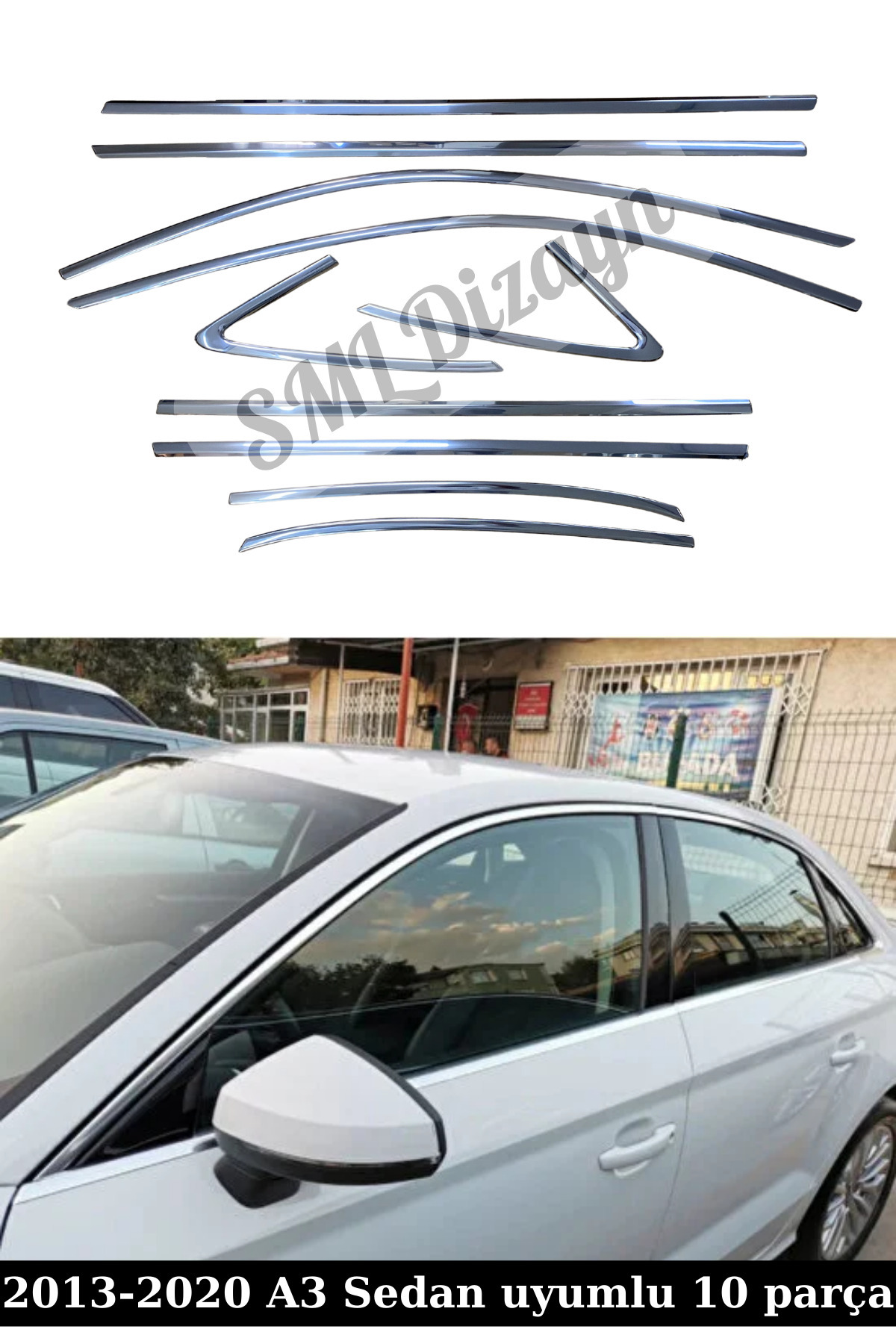 SML Dizayn Audi A3 Sedan Krom Cam Çıtası Nikelaj 2013-2020 Tam Tur Paslanmaz