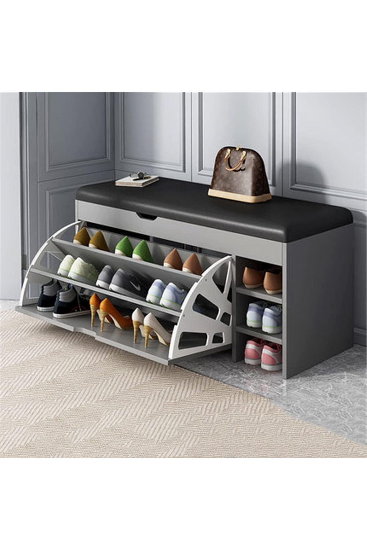 خزانة أحذية مقاس XXL 100x50x34 بدرج قلاب ومقعد جلد...