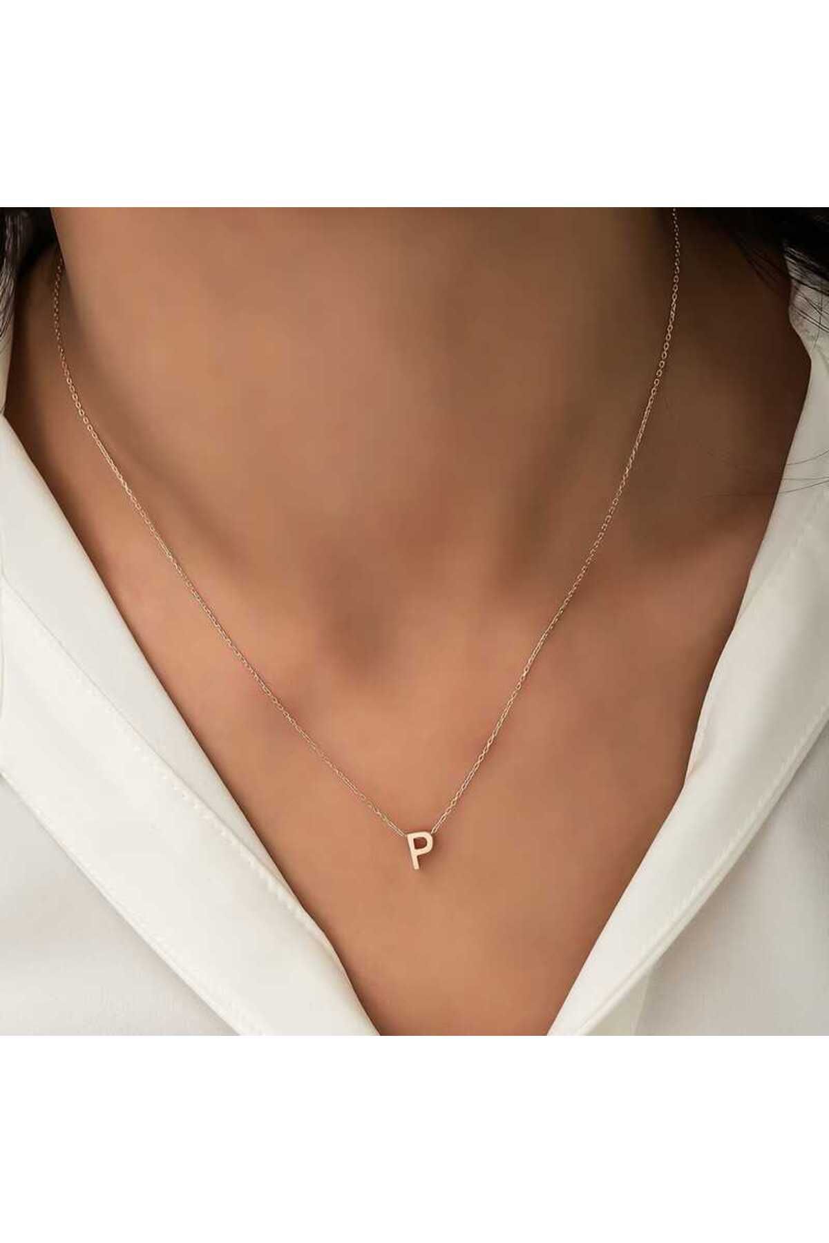RBY 925 Ayar Gümüş Rose 3 Boyutlu P Harf Kadın Gümüş Kolye