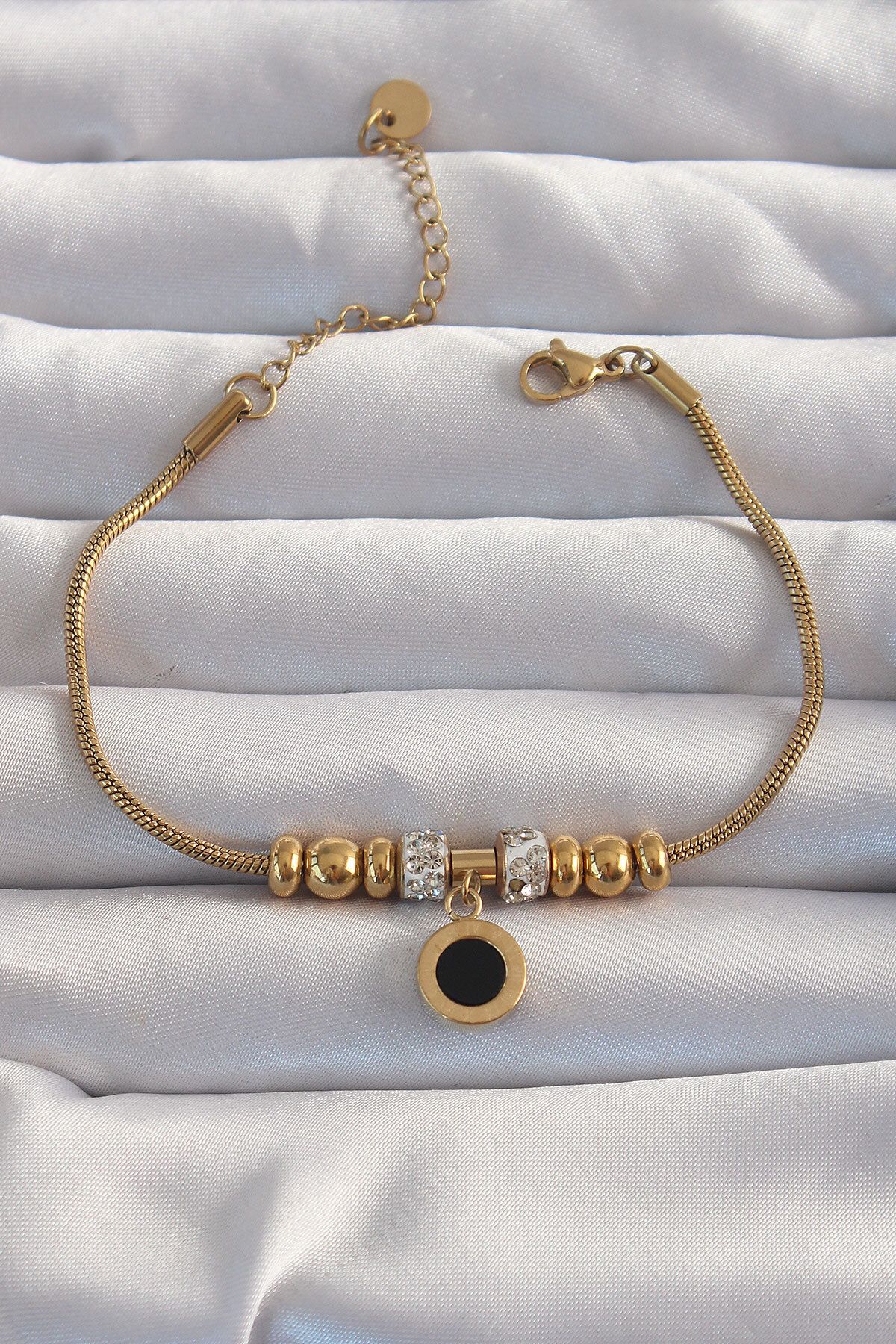 TUA MODA TUA MODA 316L Çelik Gold Renk Zirkon Taş Aksesuarlı Siyah Mineli Bileklik
