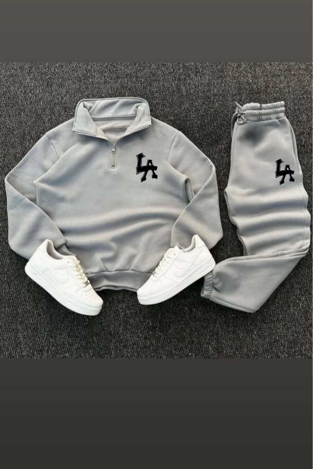 NO 601 Set De Trening Unisex, Gri Nardo, Cu Jumătate De Fermoar, Cu Guler La Imprimat Masculin - XL