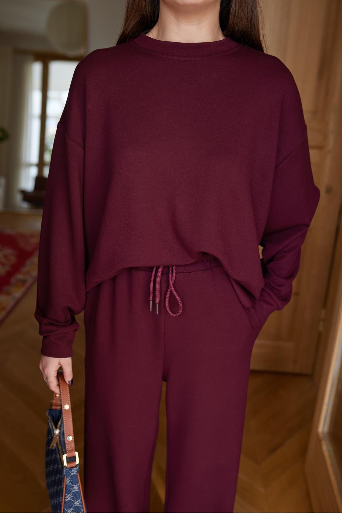 Askı Nişantaşı-Burgundy Oversize Long Sleeve Sweat Pants Set 3