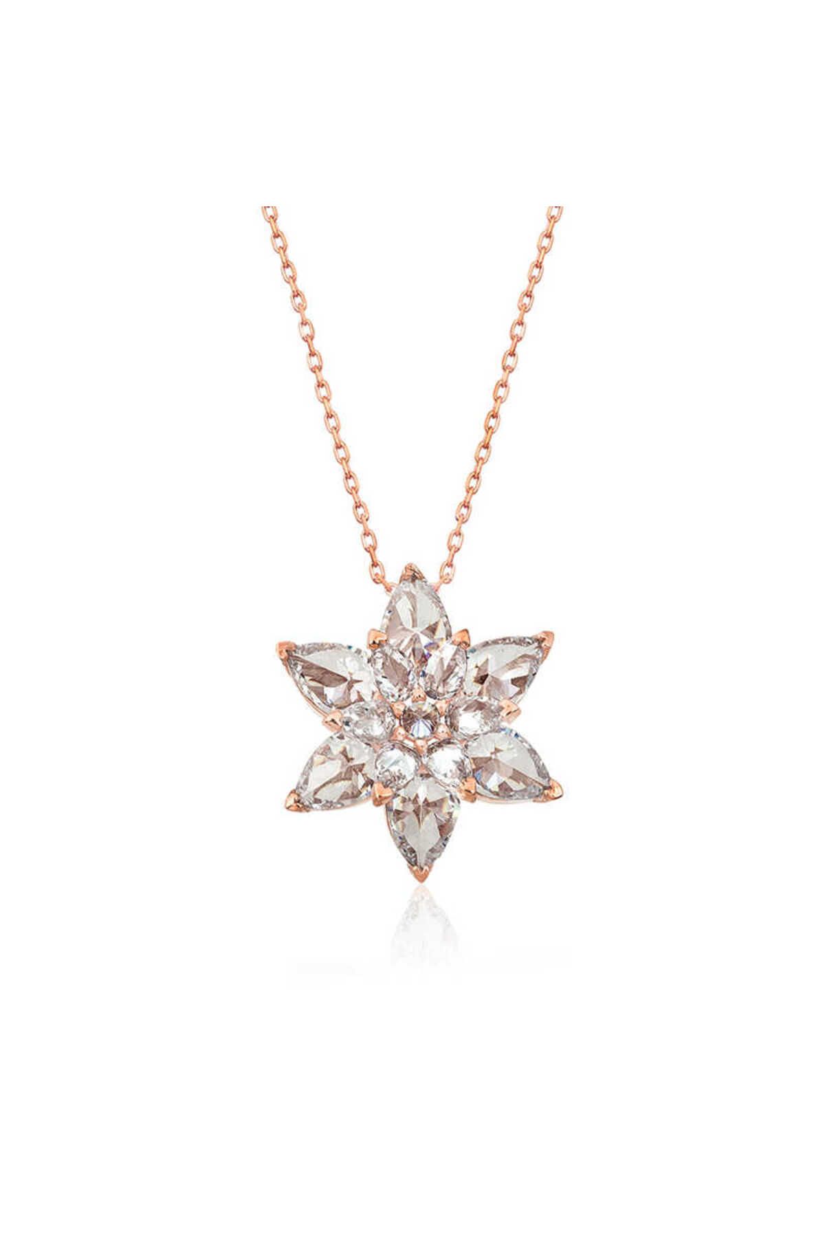 NİDAM BUTİK Gümüş Rose Beyaz Lotus Çiçeği Kolye