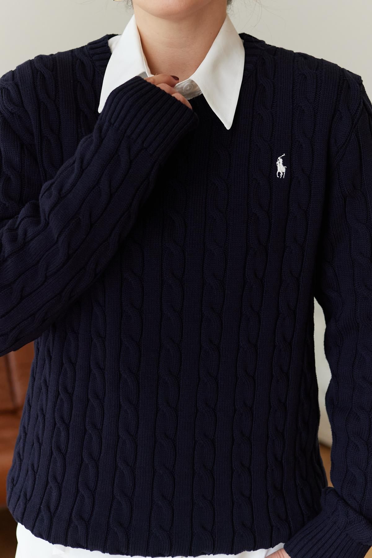 Askı Nişantaşı-Navy Blue Oversize Crew Neck Knitted Knitwear 1