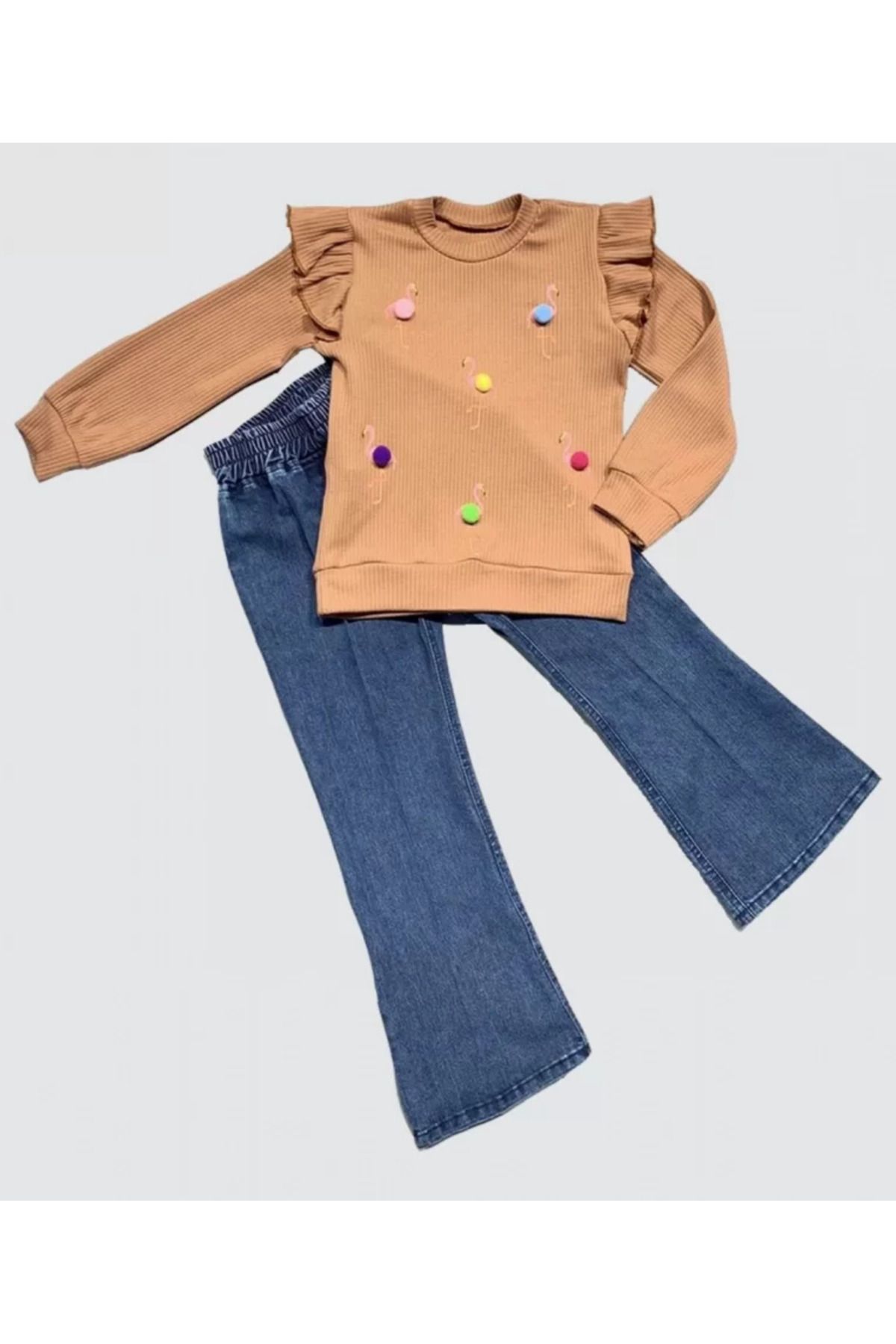 Mu Art 4-5-6 Yaş Kot Pantolonlu Flamingo Desenli Penye Sweat Uzun Kollu 2Li Kız Çocuk Takımı Kahverengi