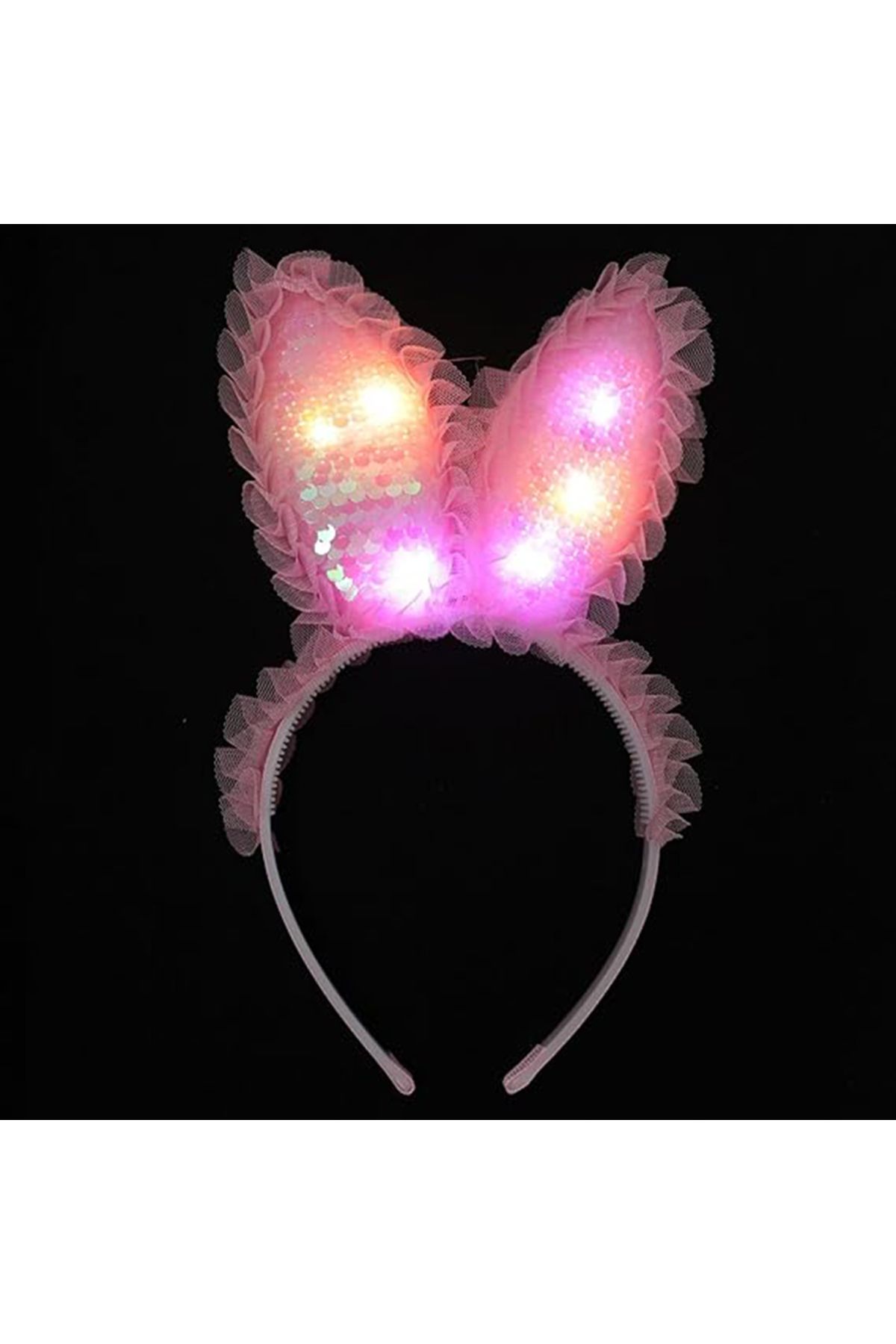 Avantaj Kapıda ® Kenarları Dantelli Pembe Pullu Payetli Led Işıklı Tavşan Kulak Taç 23x19 cm