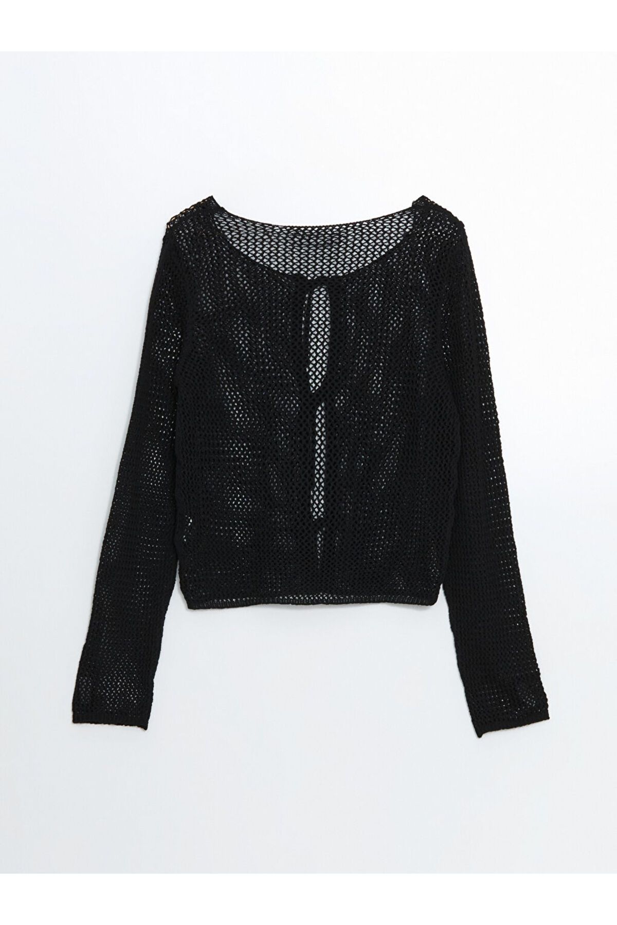 LC Waikiki-Black Boat Neck Openwork Women's Knitwear Cardigan 2