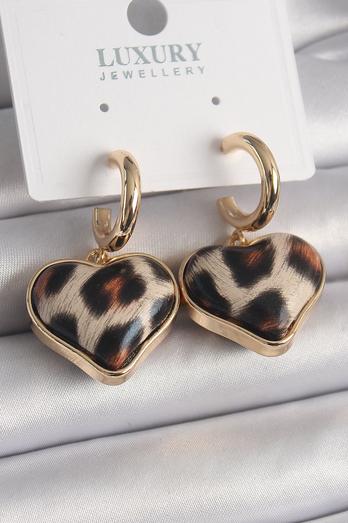 BZK ACCESSORİES Pirinç Gold Renk 3D Kalp Leopar Model Kadın Küpe