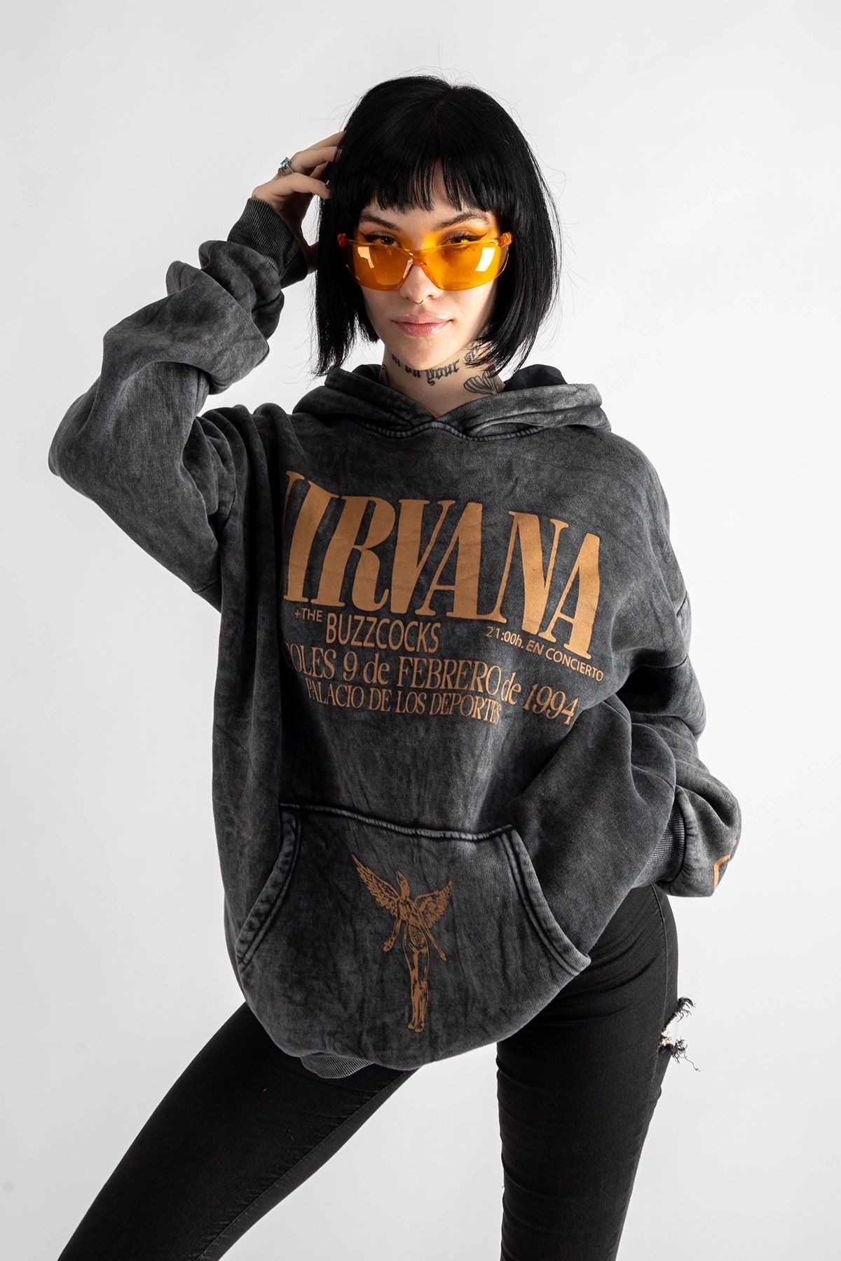 Sekizbiraltı-Hanorac supradimensionat unisex cu imprimeu spate Nirvana negru lavabil 7