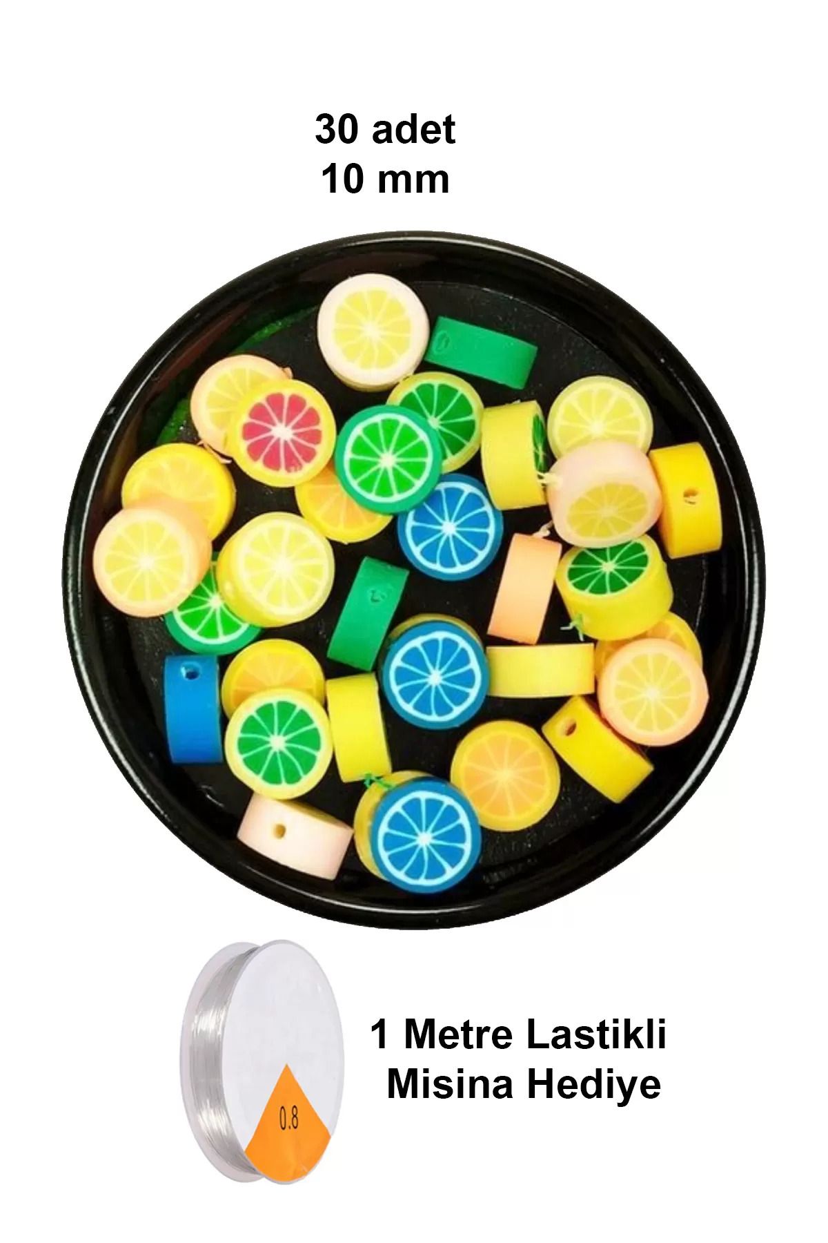 Mu Art 30 Adet 10 Mm Polimer Kil Fimo Boncuk Takı Bileklik + 1 Metre Lastikli Misina Hediye - Renkli Limon