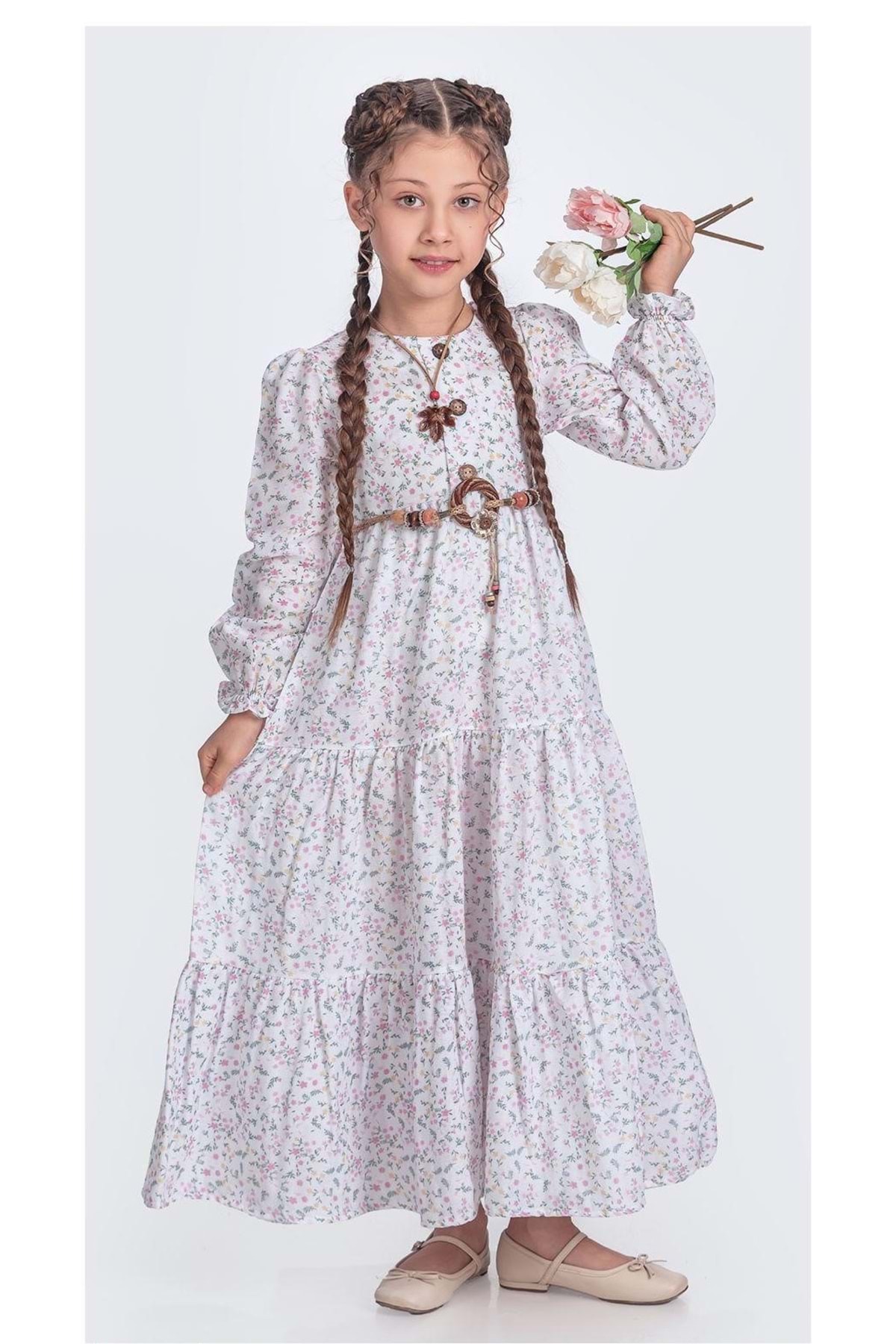 Mnk Baby&Kids Müslin Kumaş Kız Çocuk Uzun Kol Tesettür Elbise M00705 BEYAZ