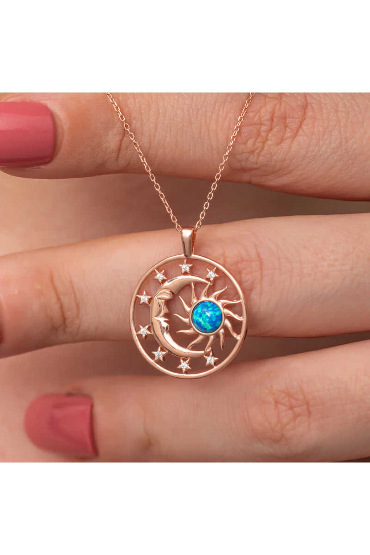 utku soydan Gümüş Rose Opal Mavi Taşlı Ay Güneş Kadın Kolye