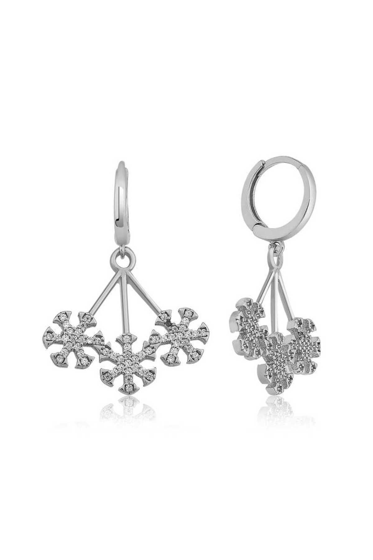 BAZAARİO 925 Ayar Gümüş Üç Kar Taneli Küpe