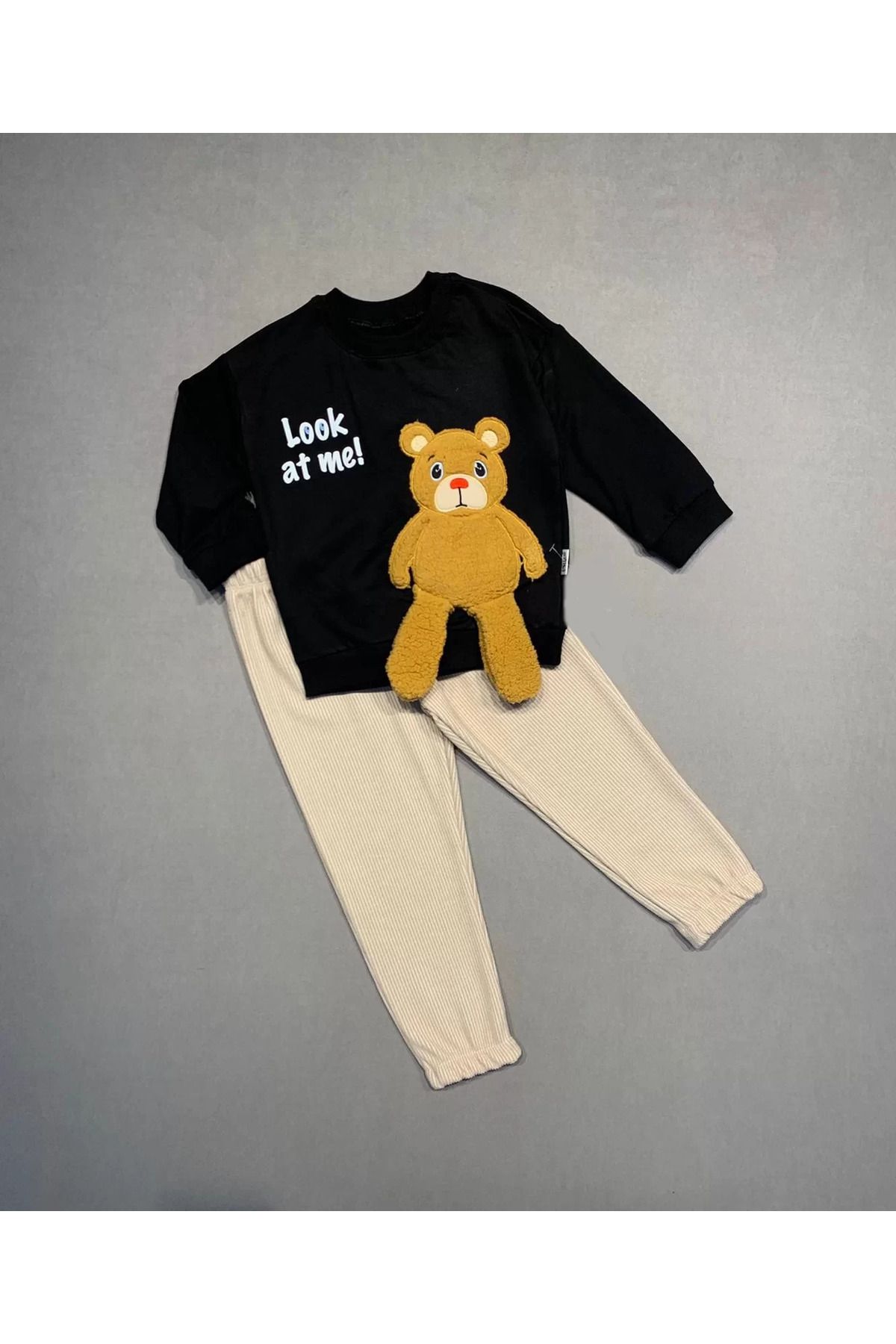 Mu Art 2-3-4 Yaş Ayıcık Sallanan Ayak Desenli Likra Penye Kumaş Sweat Pantolonlu Kız Erkek 2Li Takımı Siya