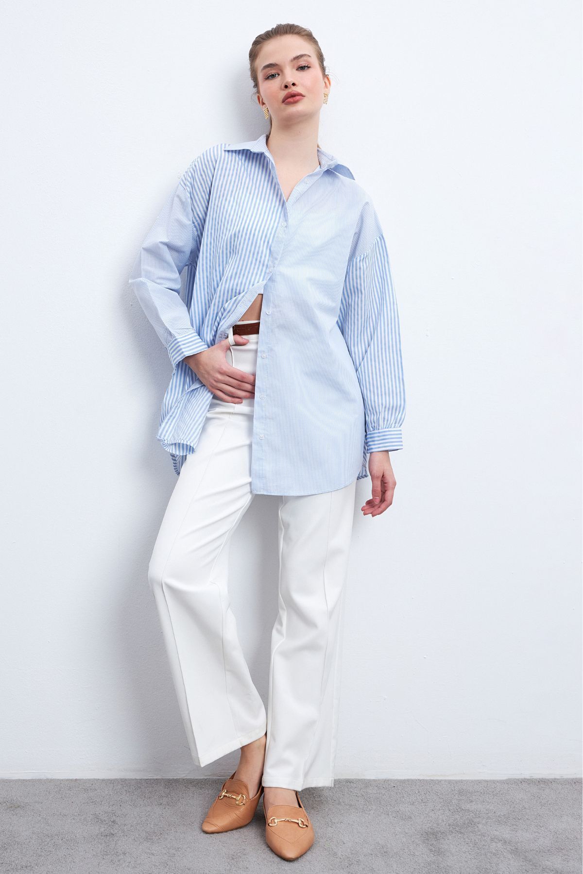 Know-Women's Blue Striped Collar White Oversize Style Shirt 4