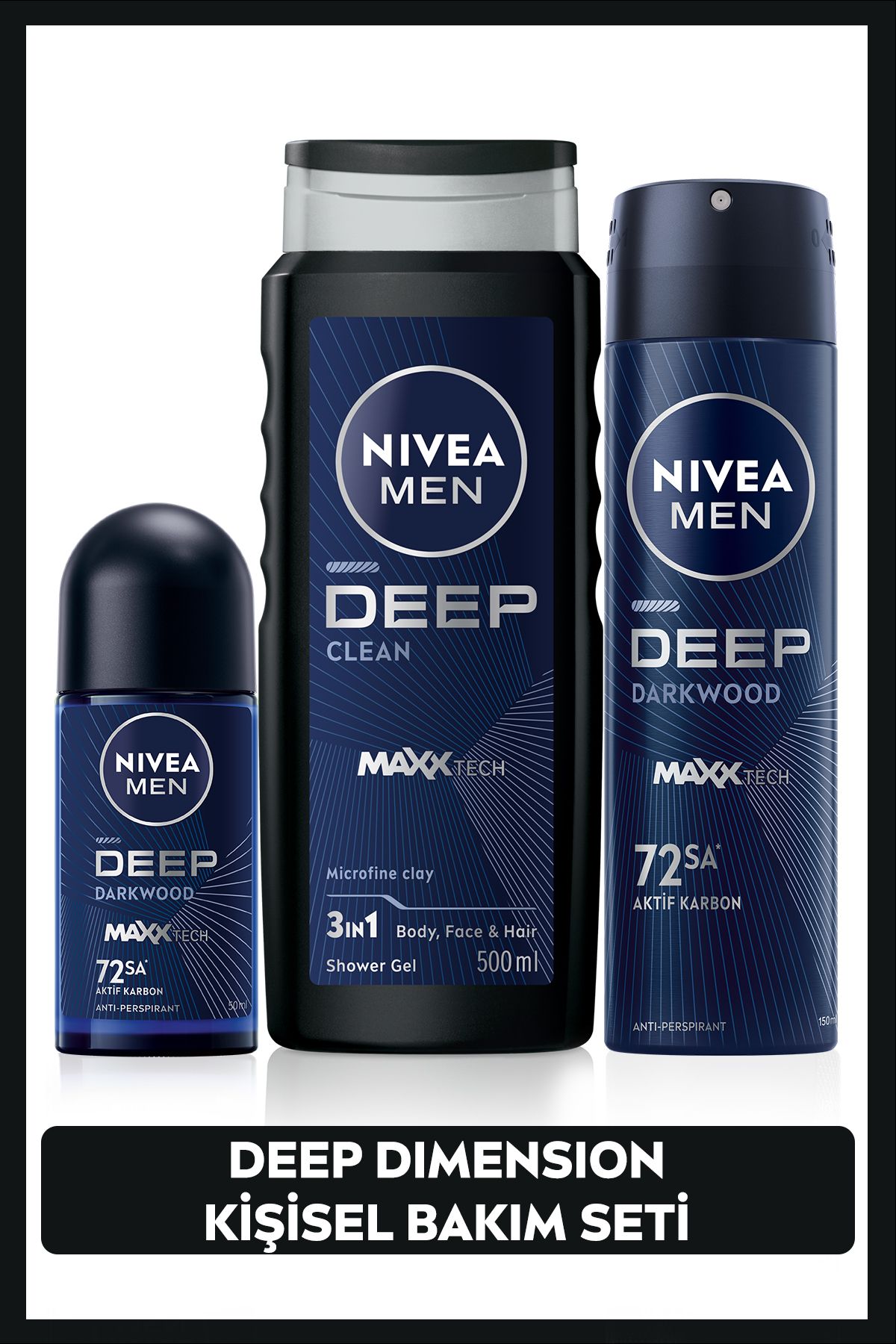 NIVEA Men Erkek Deep Dimension Duş Jeli 500ml, Roll-on 50ml, Sprey Deodorant 150ml, 72saat Anti-perspirant