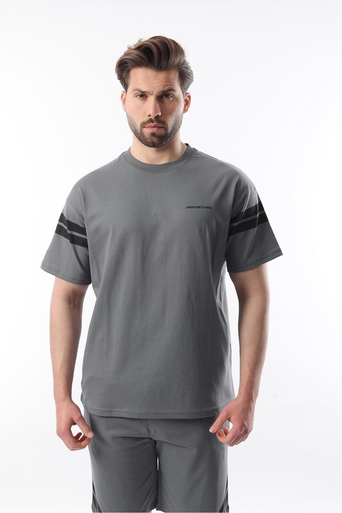 Madmext-Smoked Stripe Detaillierte Herren Shorts T-Shirt Anzug E7301 2