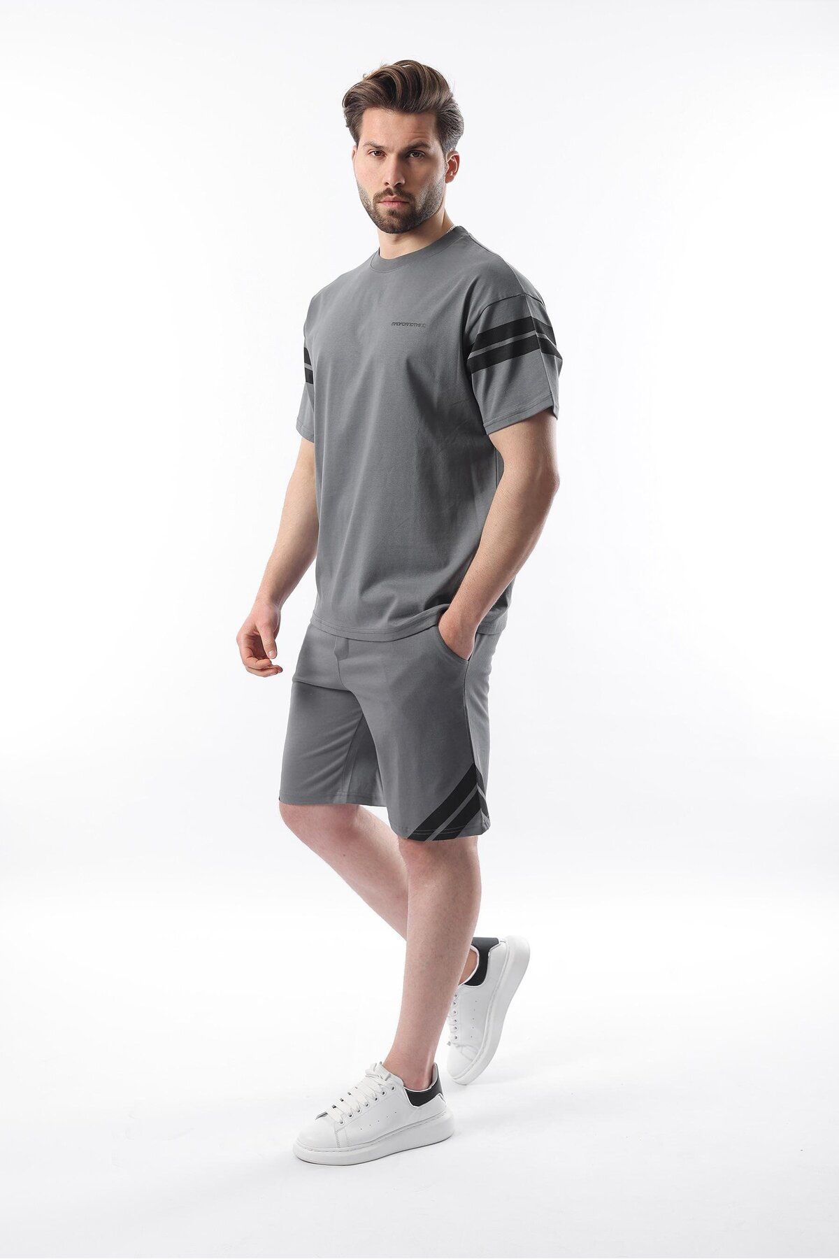 Madmext-Smoked Stripe Detaillierte Herren Shorts T-Shirt Anzug E7301 3