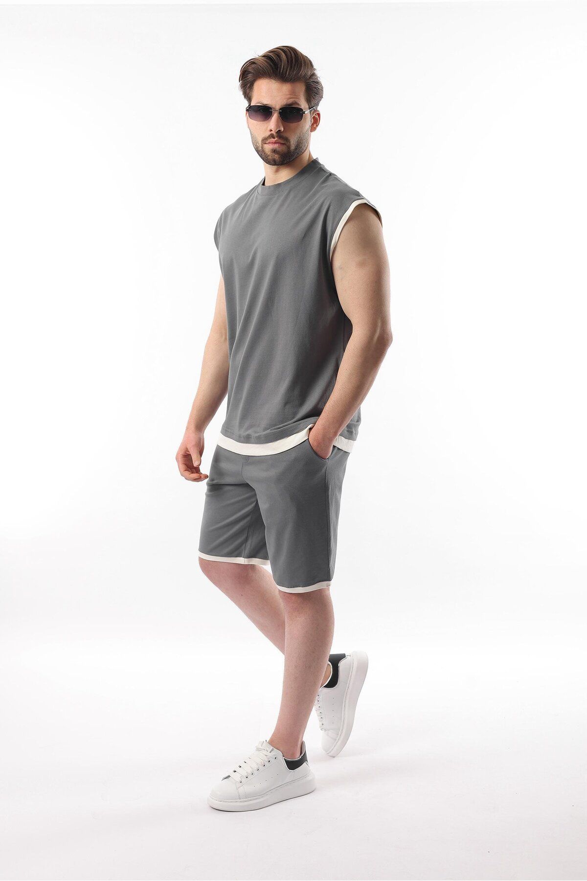 Madmext-Smoked Zero Sleeve Men's Shorts T-Shirt Set E7308 2