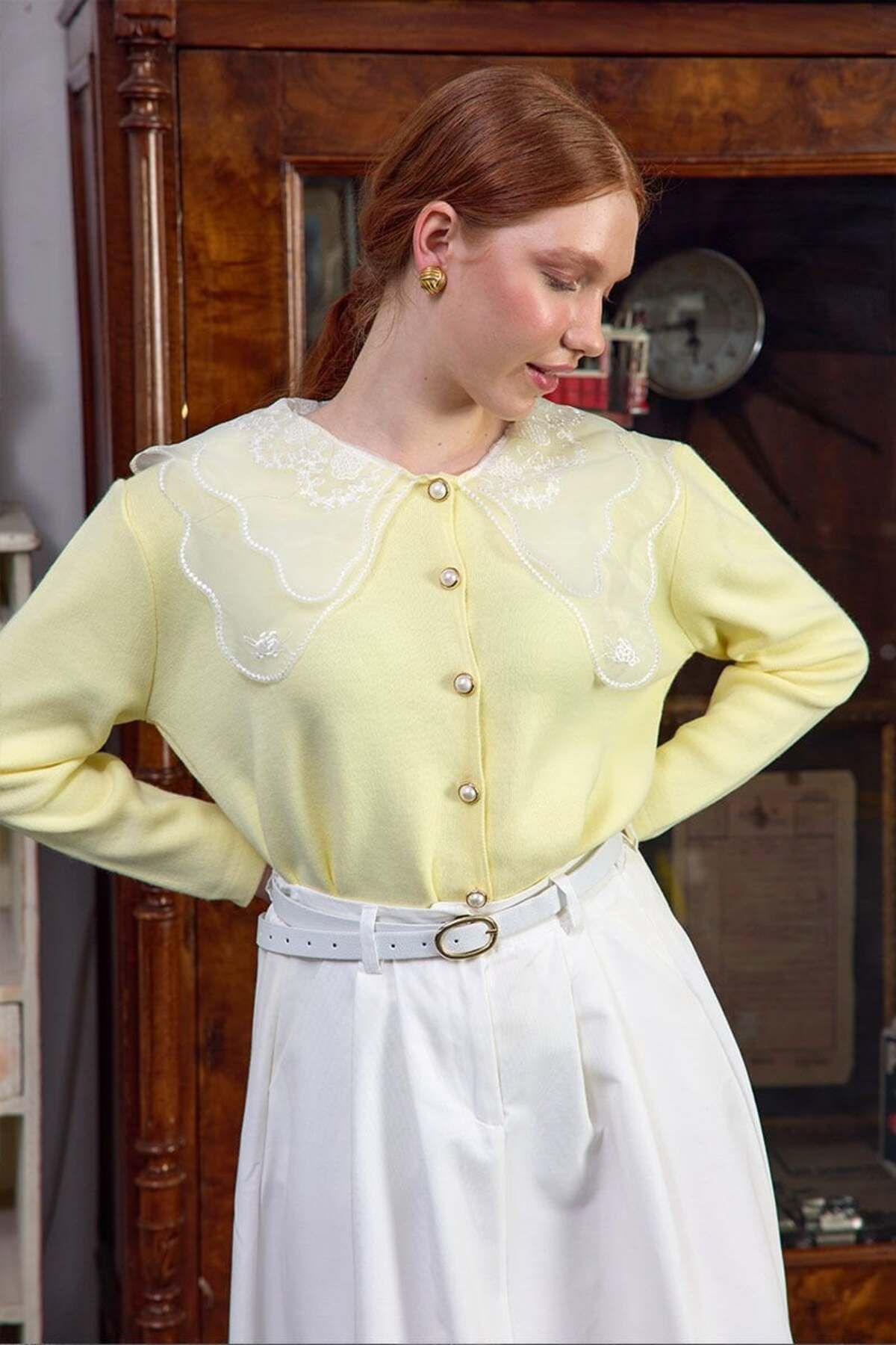 Ceylan Otantik-Soft Yellow Knitwear Cardigan with Lace Collar 1