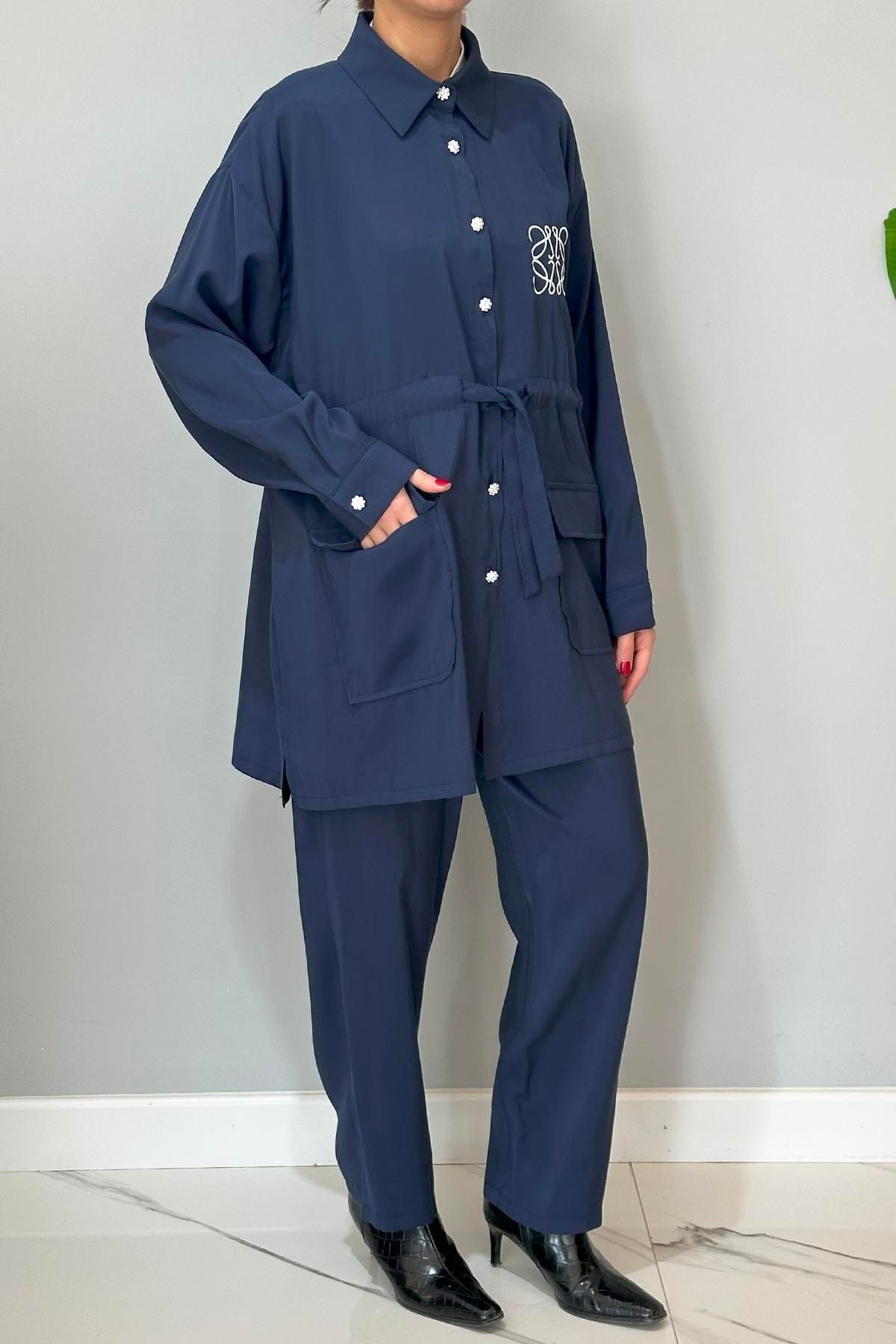 REMSA-Navy Blue Shirt and Trousers Set - Button Detail 8072 3