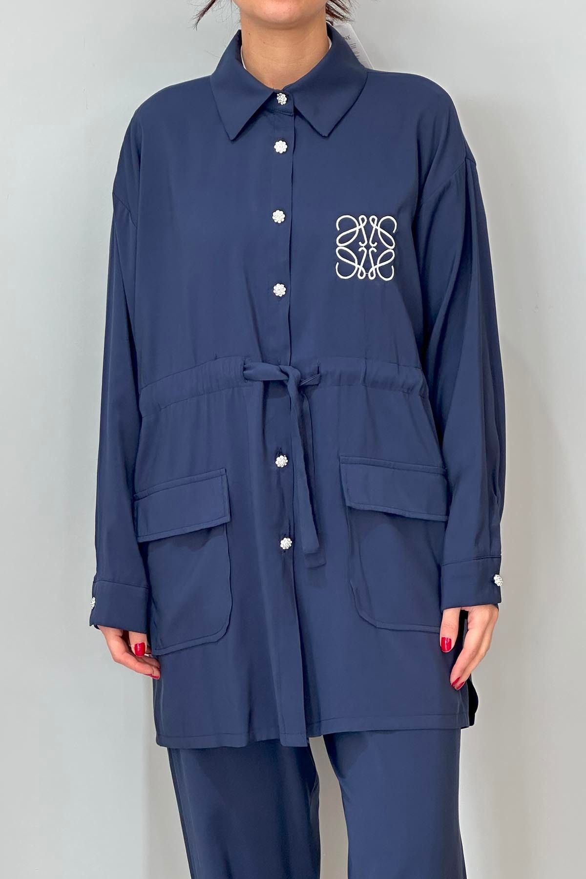 REMSA-Navy Blue Shirt and Trousers Set - Button Detail 8072 2