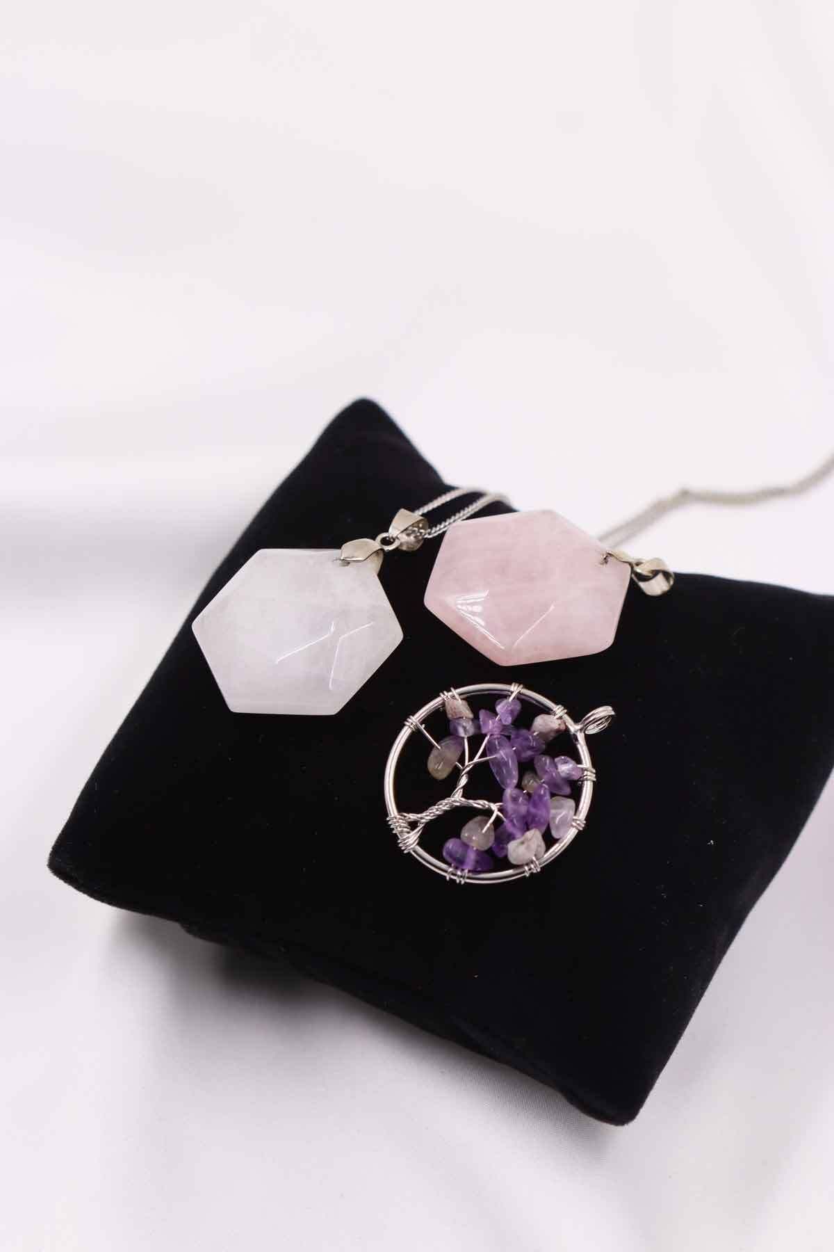 SAURACHI-Crystal Quartz-Pink Quartz-Amethyst Stone Natural Stone Pendant Hexagonal Star Tree of Life Set of 3 2
