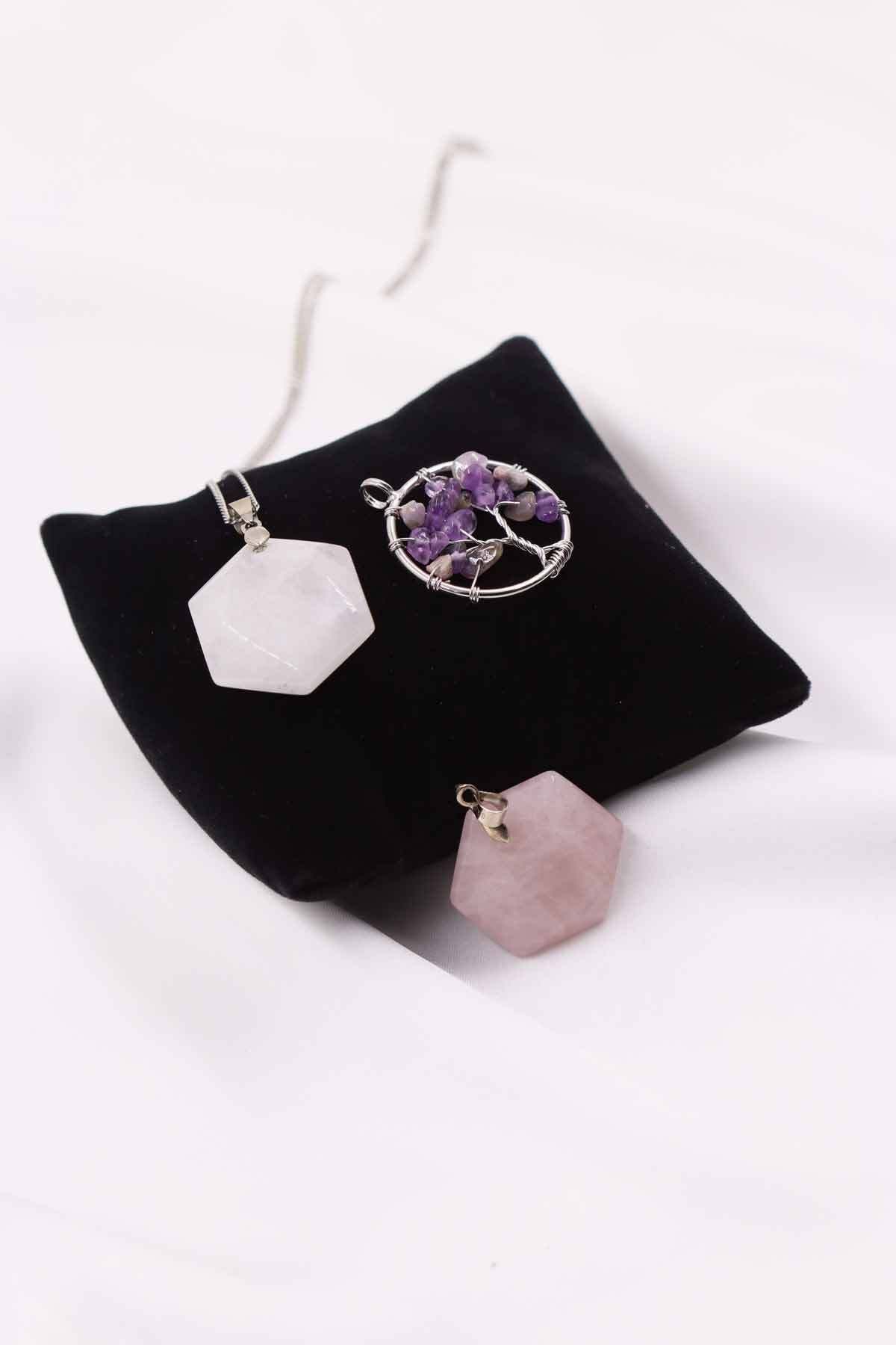 SAURACHI-Crystal Quartz-Pink Quartz-Amethyst Stone Natural Stone Pendant Hexagonal Star Tree of Life Set of 3 3