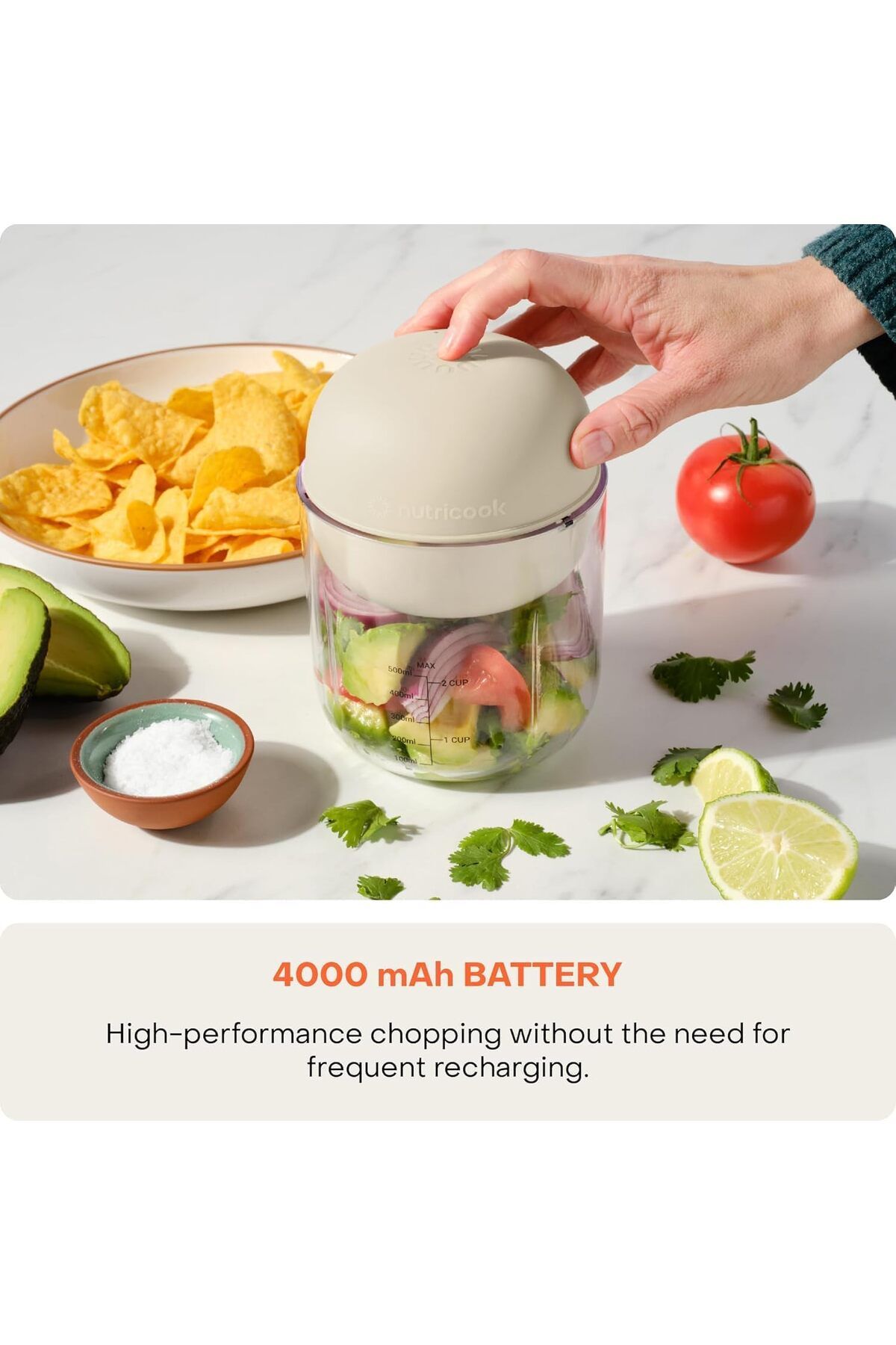 Nutricook-Choppi Cordless Rechargeable Chopper, Pulse & Steady Modes, 500ml BPA Free Tritan Cup, Desert Sand 2