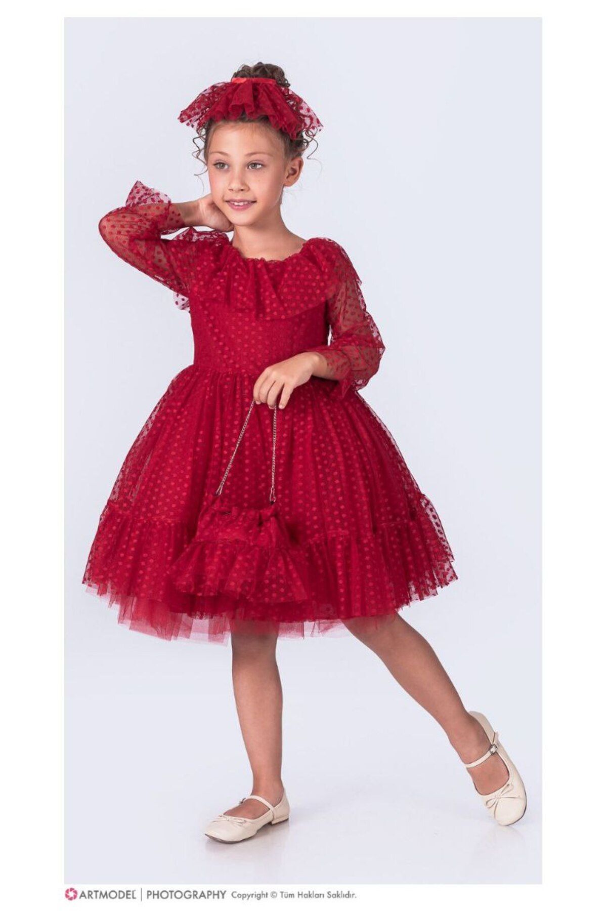 ABİYEKİDS-10-14 Years Old Children's Evening Graduation Dress - Dotted, Bag and Buckle Aby205 3