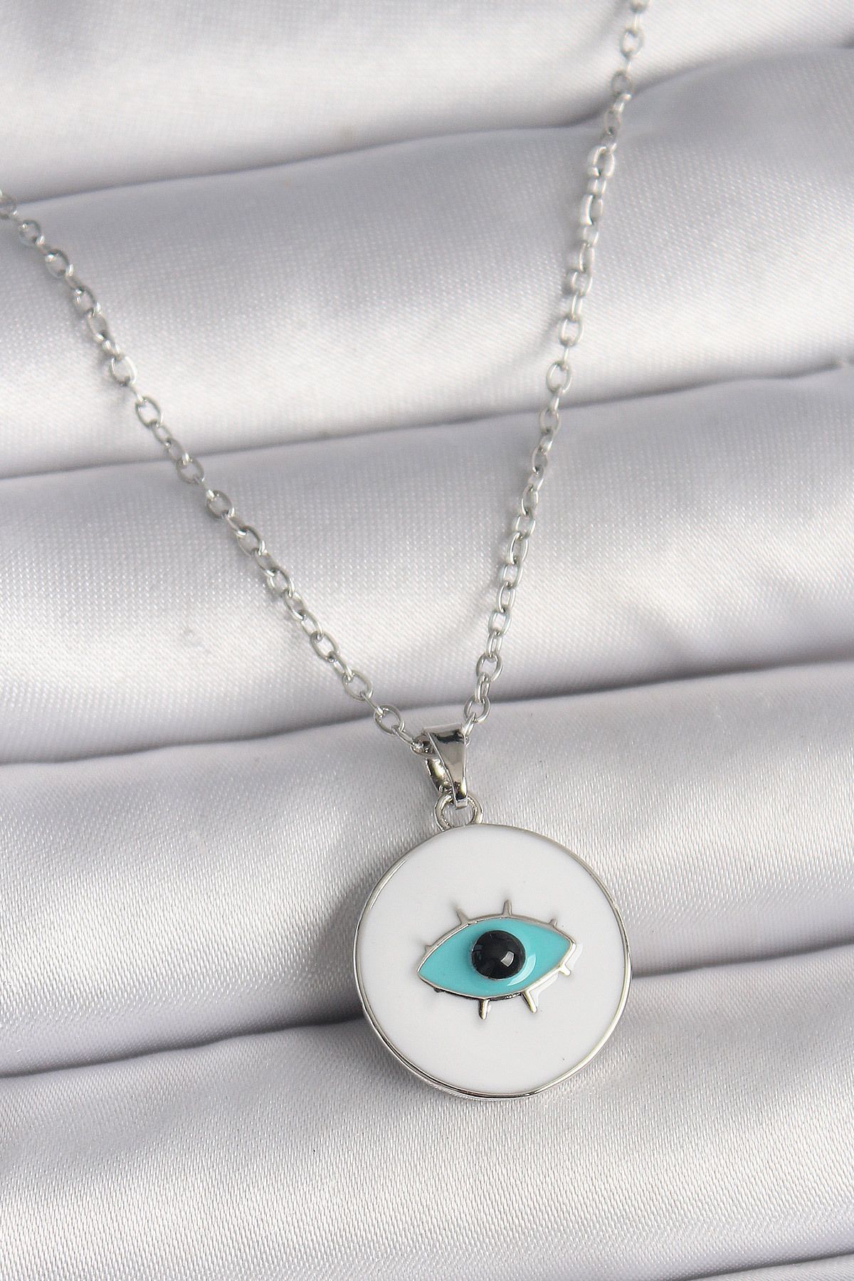 nazeninstoğu-316L Steel Silver Color Chain White Enamel Turquoise Eye Embroidery Model Women's Necklace 1