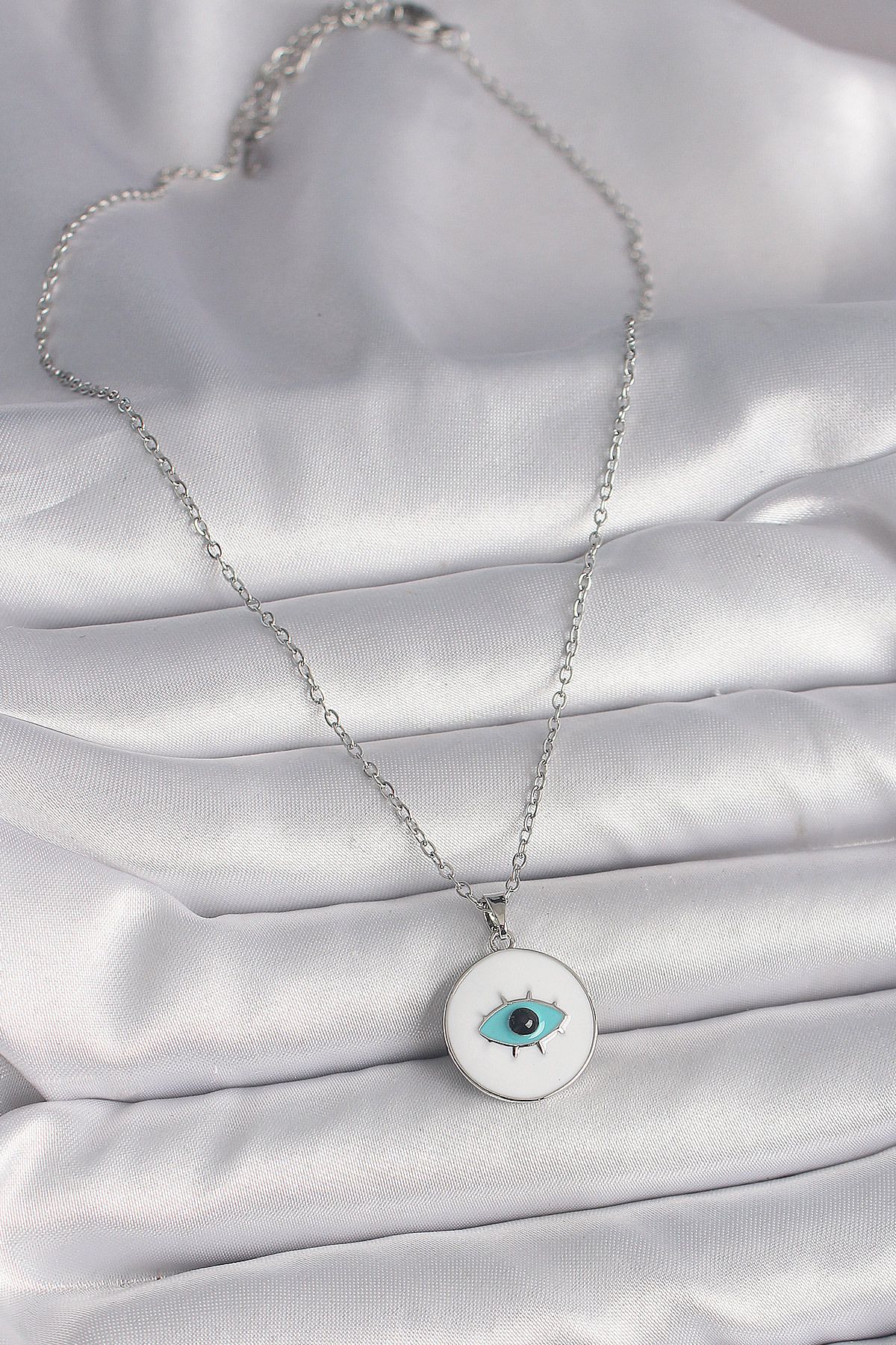 nazeninstoğu-316L Steel Silver Color Chain White Enamel Turquoise Eye Embroidery Model Women's Necklace 2