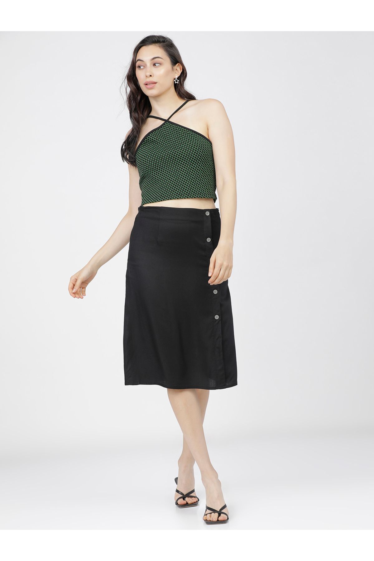 Tokyo Talkies By Styli-Solid Wrap A-Line Skirts with Buttons Detail 5