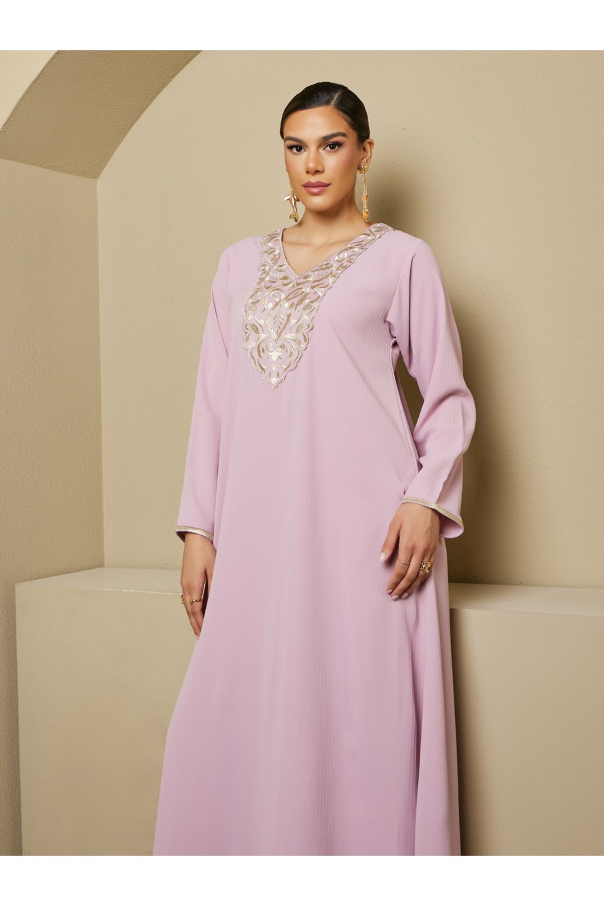 Styli-Embroidered V Neck A-Line Jalabiya 3