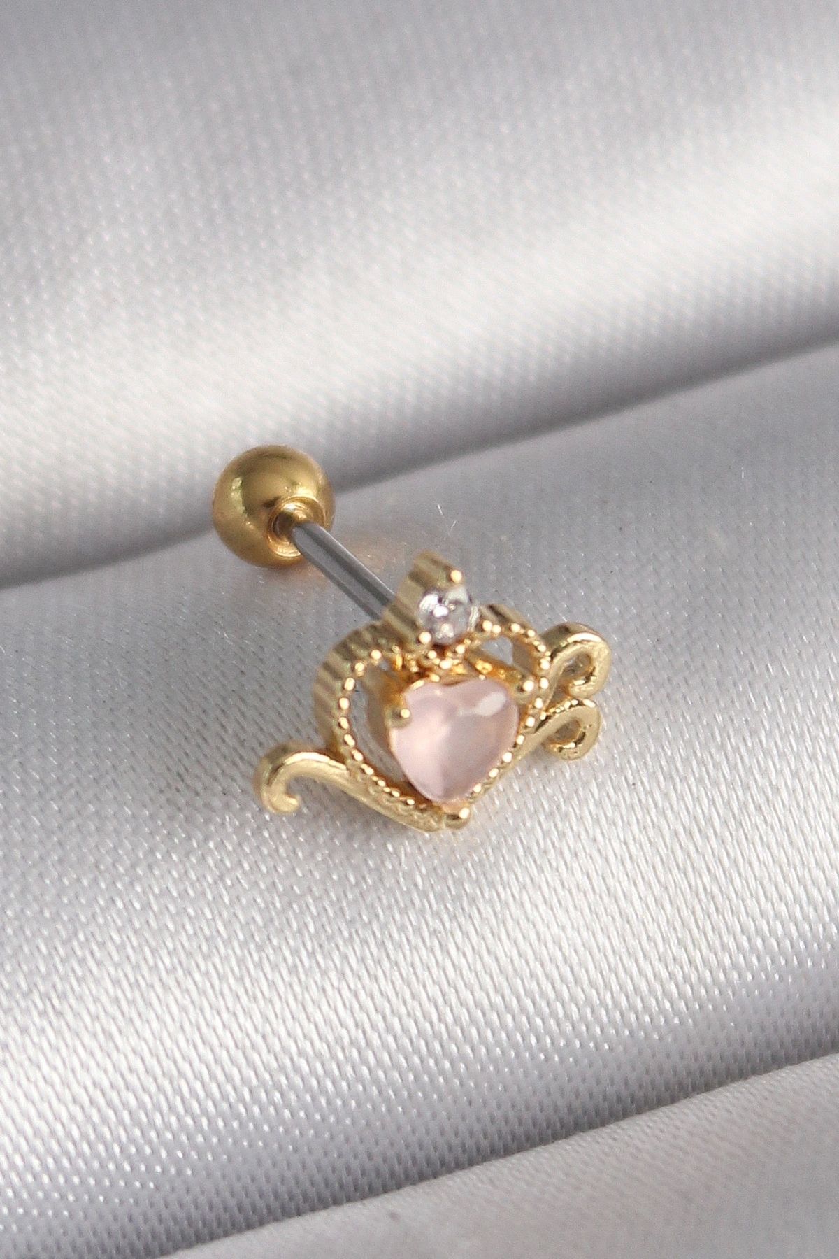 shopwave 316L Çelik Gold Renk Pembe Mineli Kalp Zirkon Taş Detay Tragus Piercing