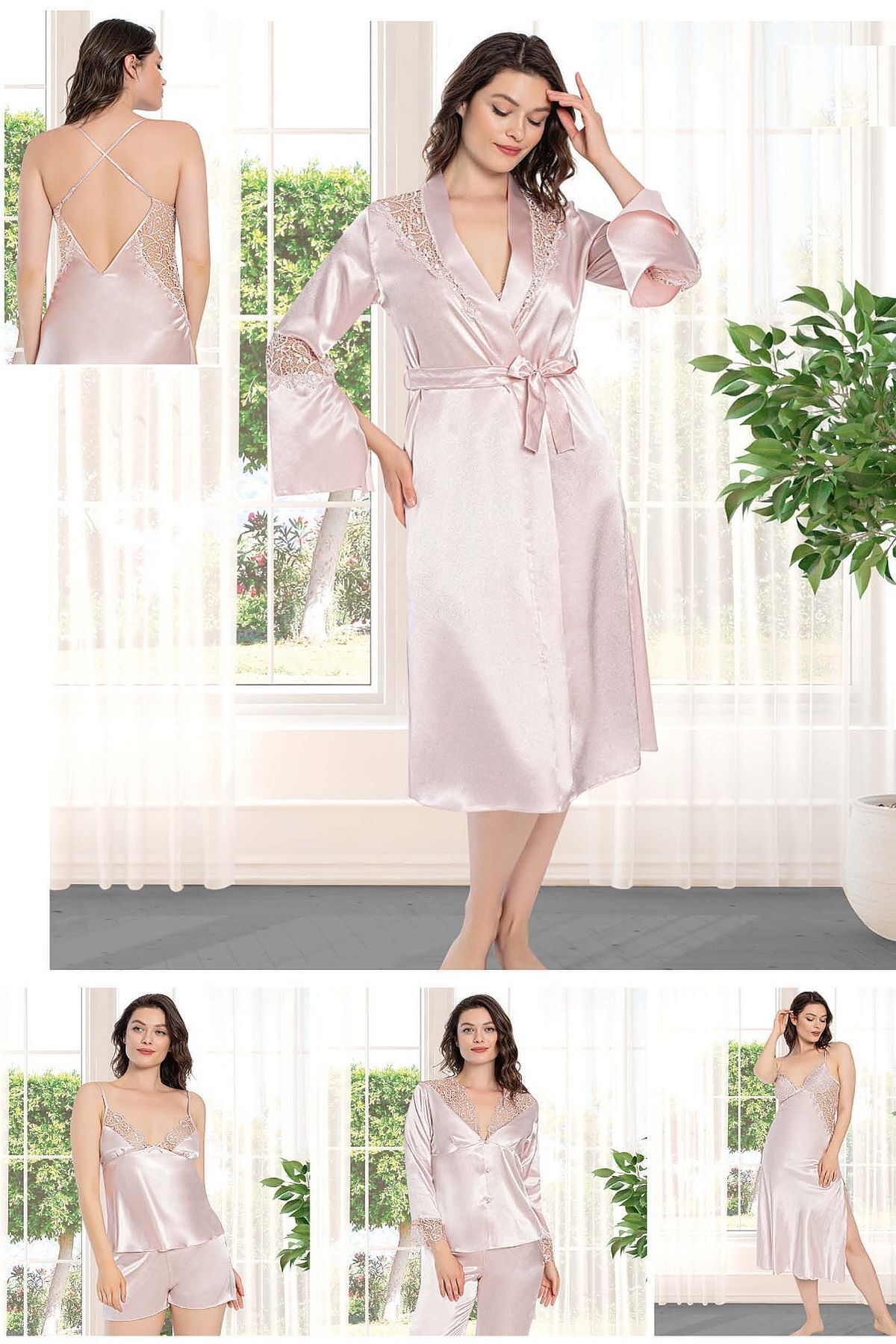 Alissa 8650 Kadın Çeyizlik Dantelli Saten 6'lı Set -pudra