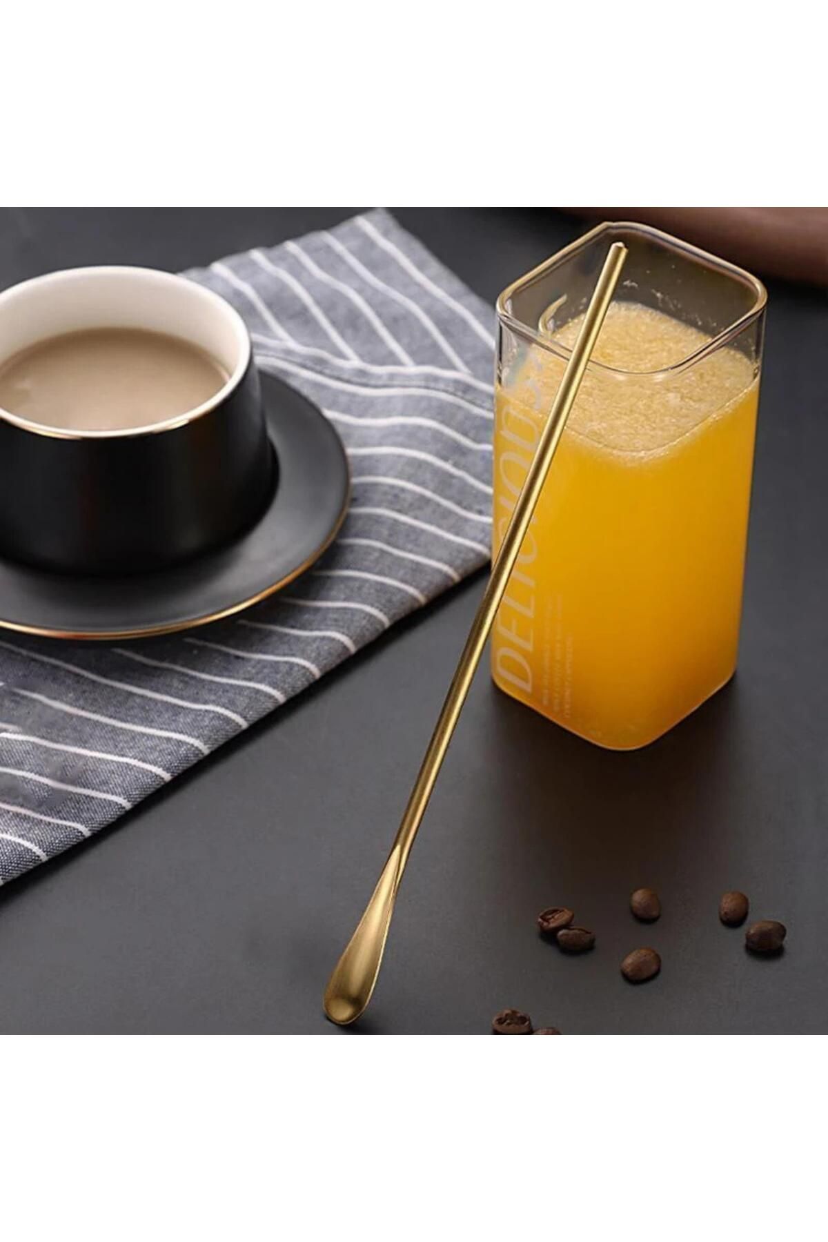 PERLOTUS-304 Steel 19 cm Gold Colored Cocktail Coffee Latte Spoon 4 Pieces 3