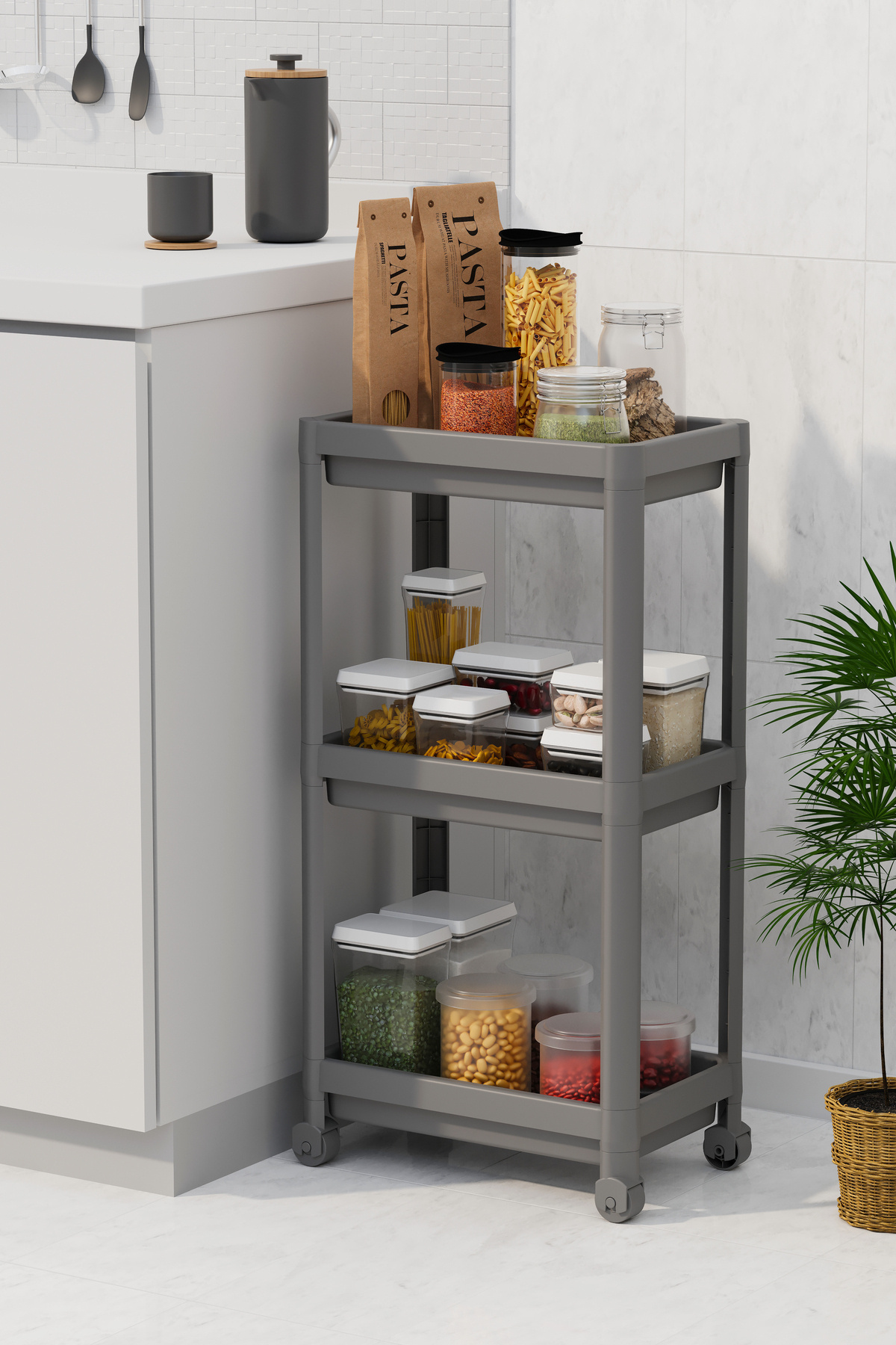 coverest 3 Katlı Tekerlekli Raf Ünitesi Banyo Rafı Mutfak Rafı Servis Sehpası Organizer