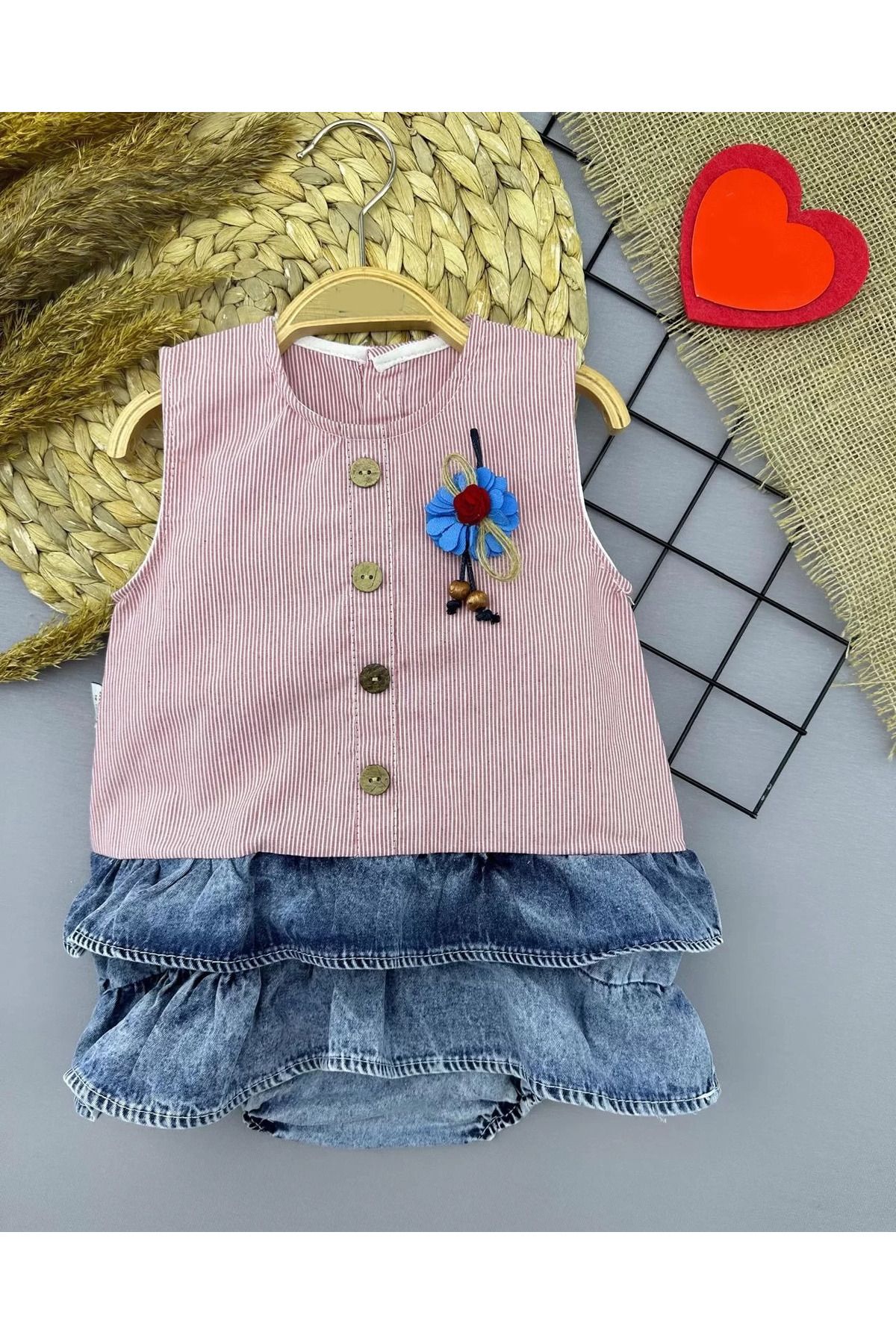 Mu Art 6-9-12-18 Ay Gül Rozet Detaylı Kot Kilotlu Etek Kız Bebek Elbisesi Gül Kurusu
