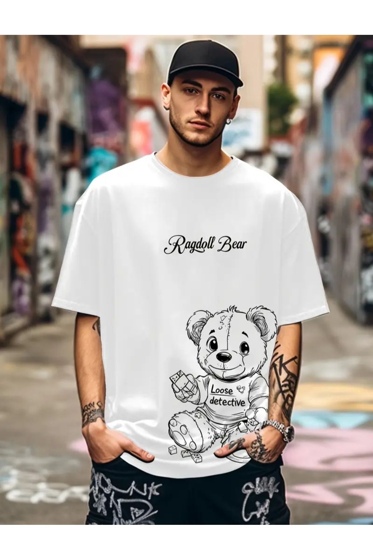 Unisex Genç Yetişkin Oversize Kesim Bol Rahat Ekonomik Ayıcıklı İki İplikli Tshirt
